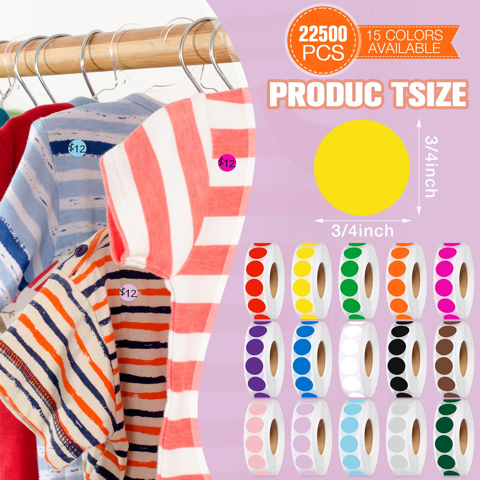 Gersoniel Lot de 22 500 étiquettes rondes de code couleur de 1,9 cm - Couleurs unies - Étiquettes rondes à pois pour la rentrée scolaire, organiser les classements de fichiers, 15 couleurs