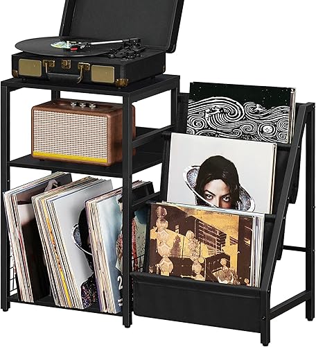 Soporte para tocadiscos con estante de exhibición de vinilo para almacenar hasta 150 álbumes, soporte negro para mesa giratoria