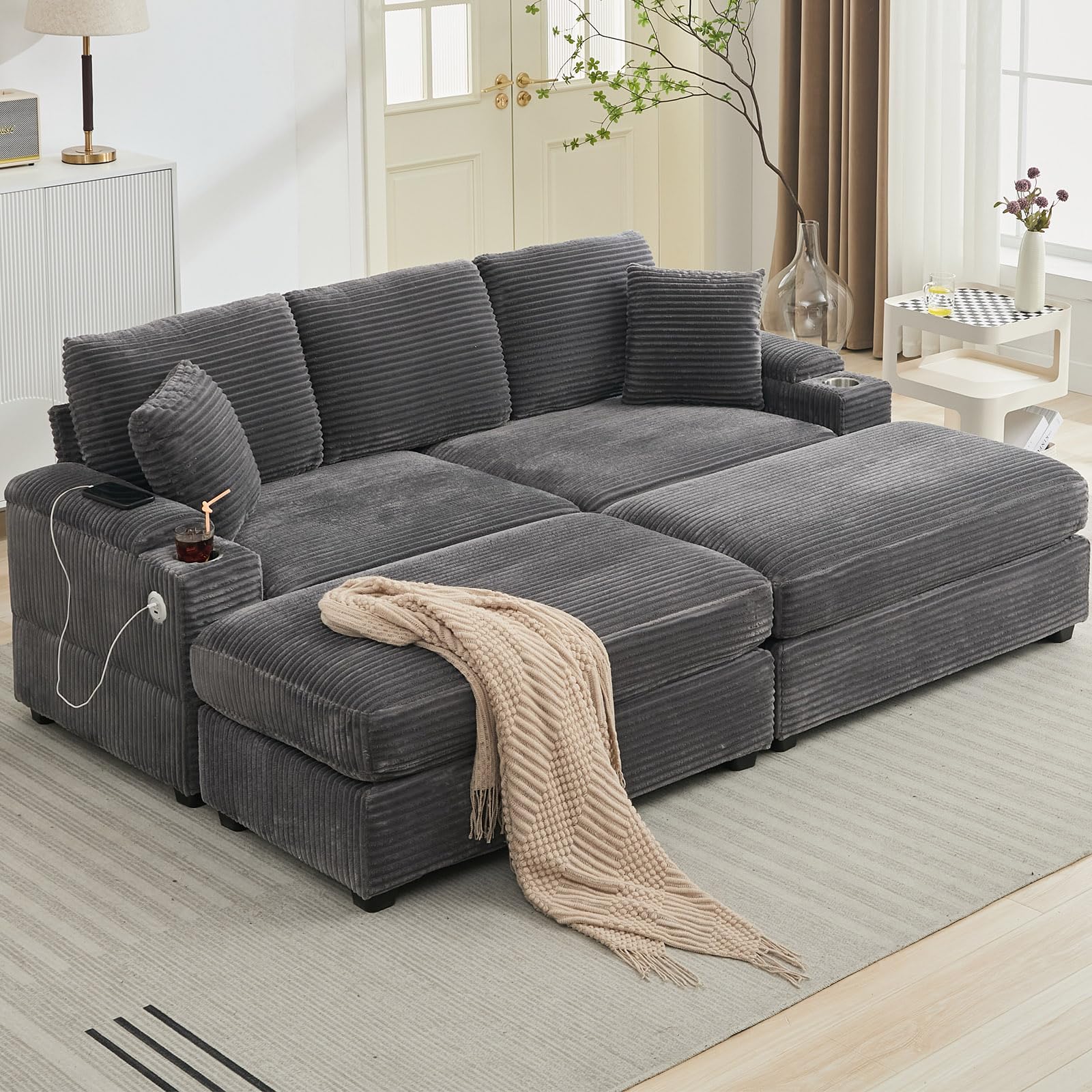 86.61'' Oversized Double Chaise Lounge Chair Indoor with Ottoman & Armrest Storage, Comfy Corduroy Reclining Chair with Cup Holder & USB Port, Lazy