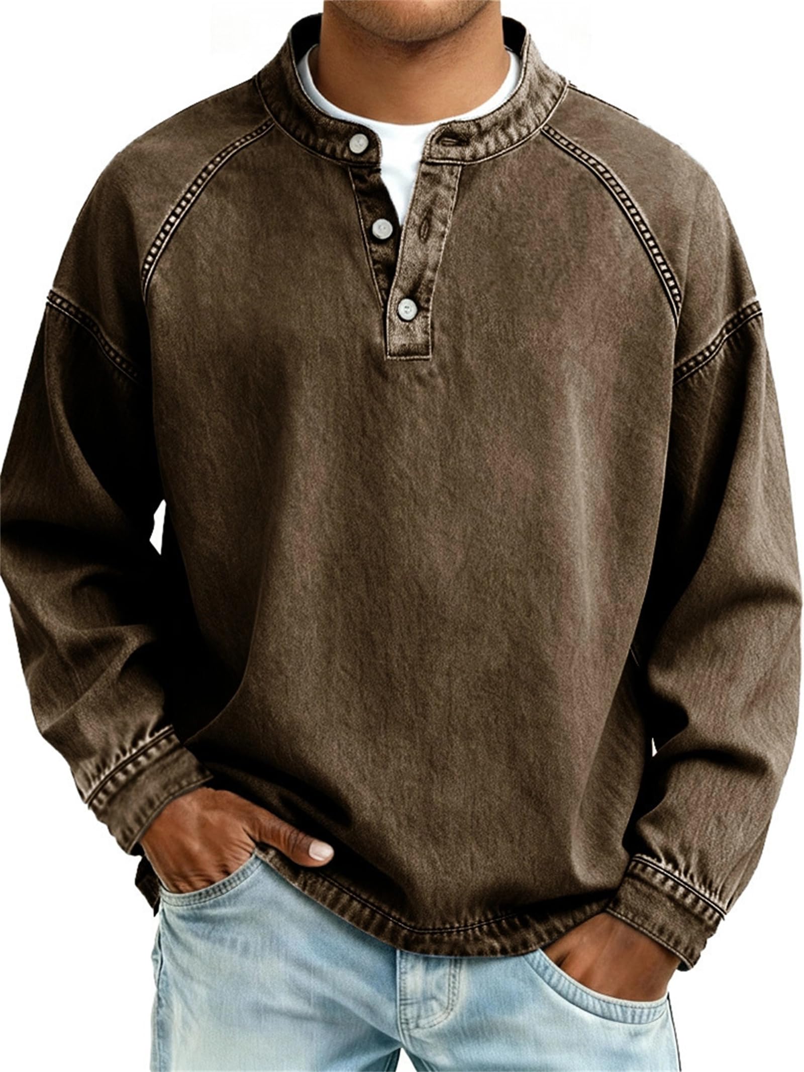 Camisa de color lavado con botones y cuello en V para hombre, color liso, casual, desgastada, lavada al ácido