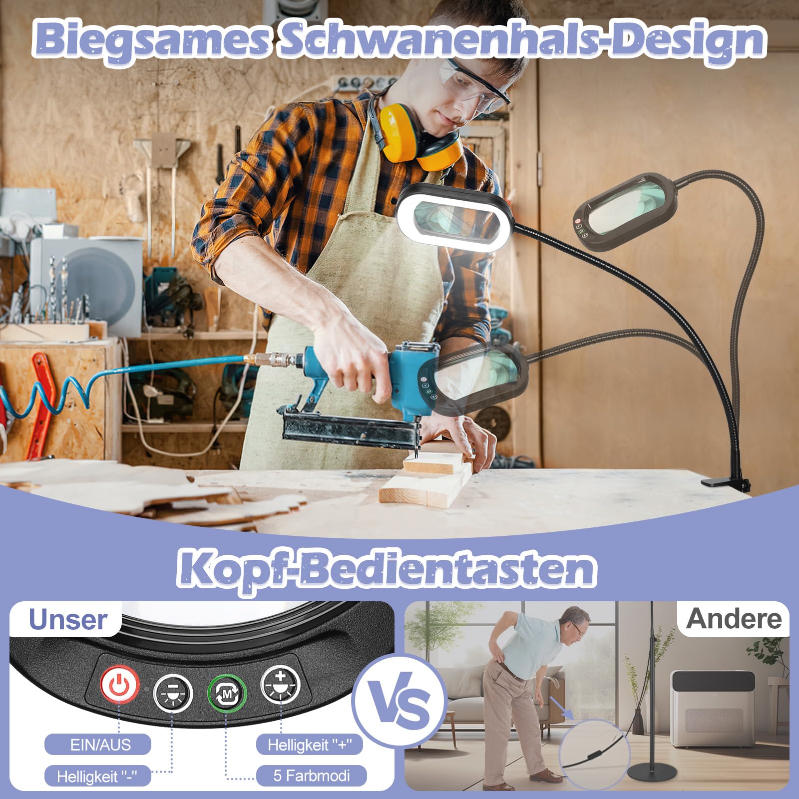 12X Rechteckige Lupe mit Licht und Ständer, 24-Zoll Flexibler Schwanenhals-Vergrößerungslampe mit Ständer, 5 Farbmodi stufenlos dimmbar, 3-in-1 LED-Vergrößerungslampe freihändig für Naharbeit, Lesen