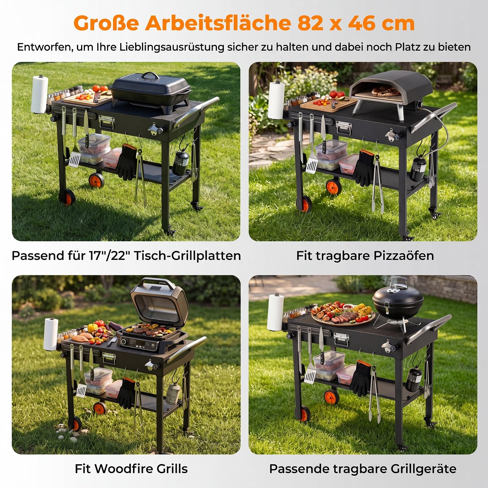 COSTWAY Grillwagen Outdoor, Grilltisch klappbar, Servierwagen Metall | Pizzatisch mit Rollen, 82 x 46 cm Arbeitsfläche & Hitzeschutzmatte, Grill Beistelltisch wetterfest, für BBQ Partys Garten