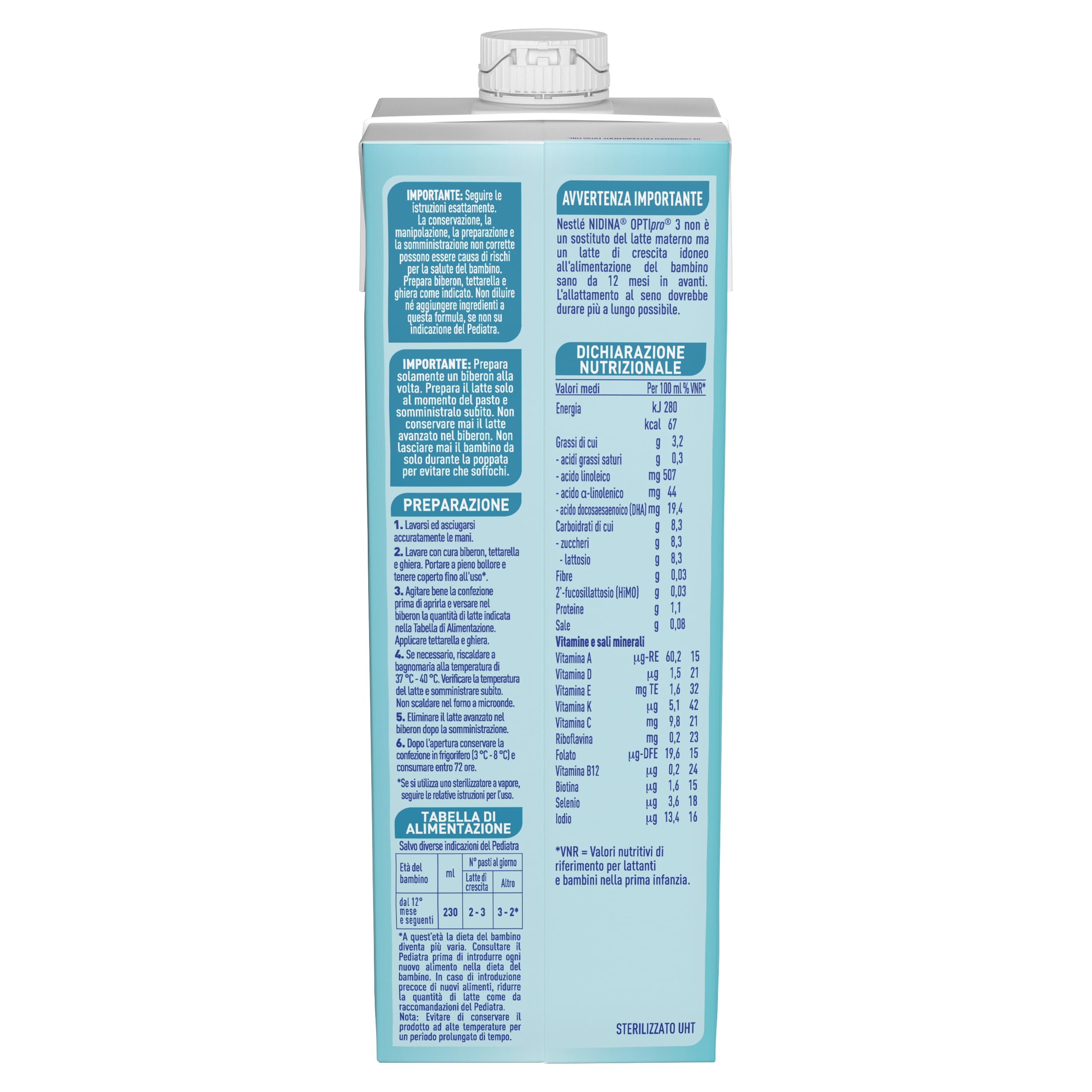 NESTLÉ NIDINA Optipro 3 Latte di Crescita Liquido per Bambini da 1 anno, 8 Brick da 1L (8L)