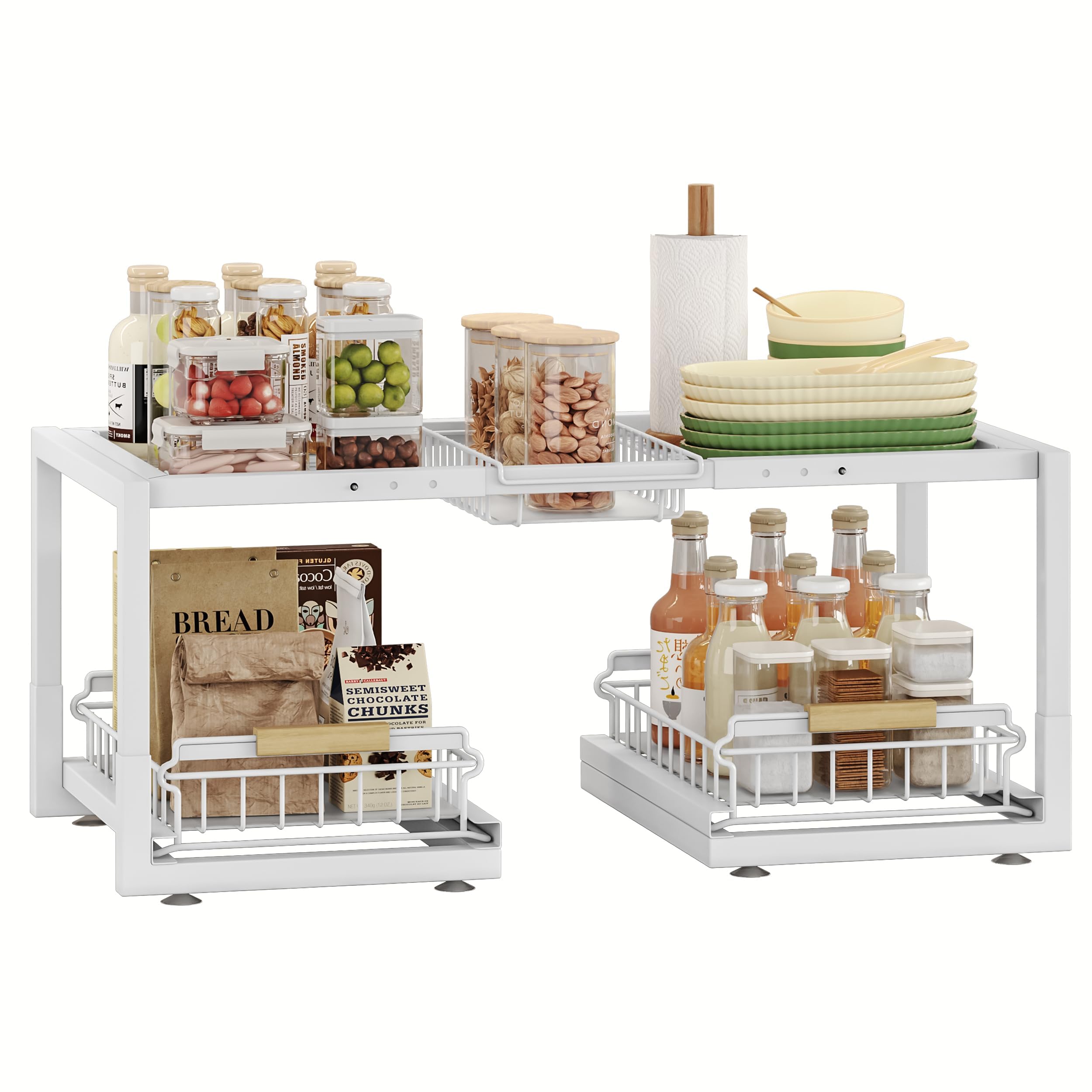 INGIORDAR Organizadores para debajo del fregadero, organizador extraíble de 2 niveles para debajo del gabinete, estante deslizante para fregadero, estantes de almacenamiento para cocina, baño (blanco