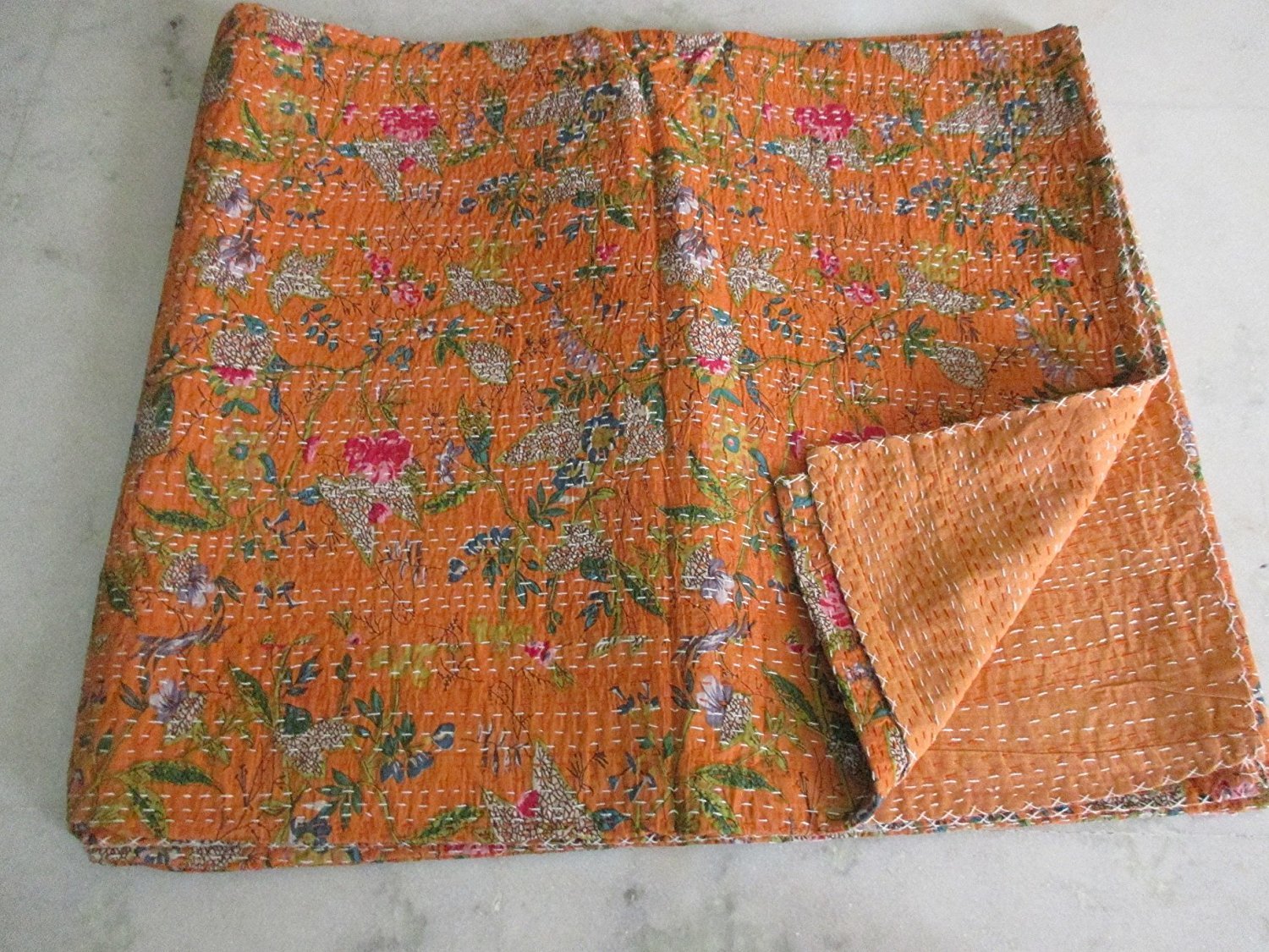 Sophia-Art Manta Kantha India, Manta Kantha India, Manta Kantha Con Estampado De Pájaro, Colcha Bordada Kantha Hecha A Mano