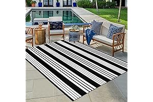 OJIA Black and White Outdoor Rug 4x6 ft. Striped Cotton Patio Rug