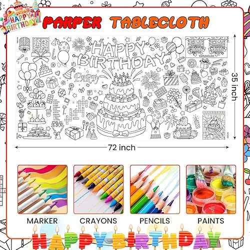 Miniatura 2 de Póster gigante de feliz cumpleaños, mantel para colorear de 35 x 72 pulgadas para niños, mantel de actividades de cumpleaños para manualidades,