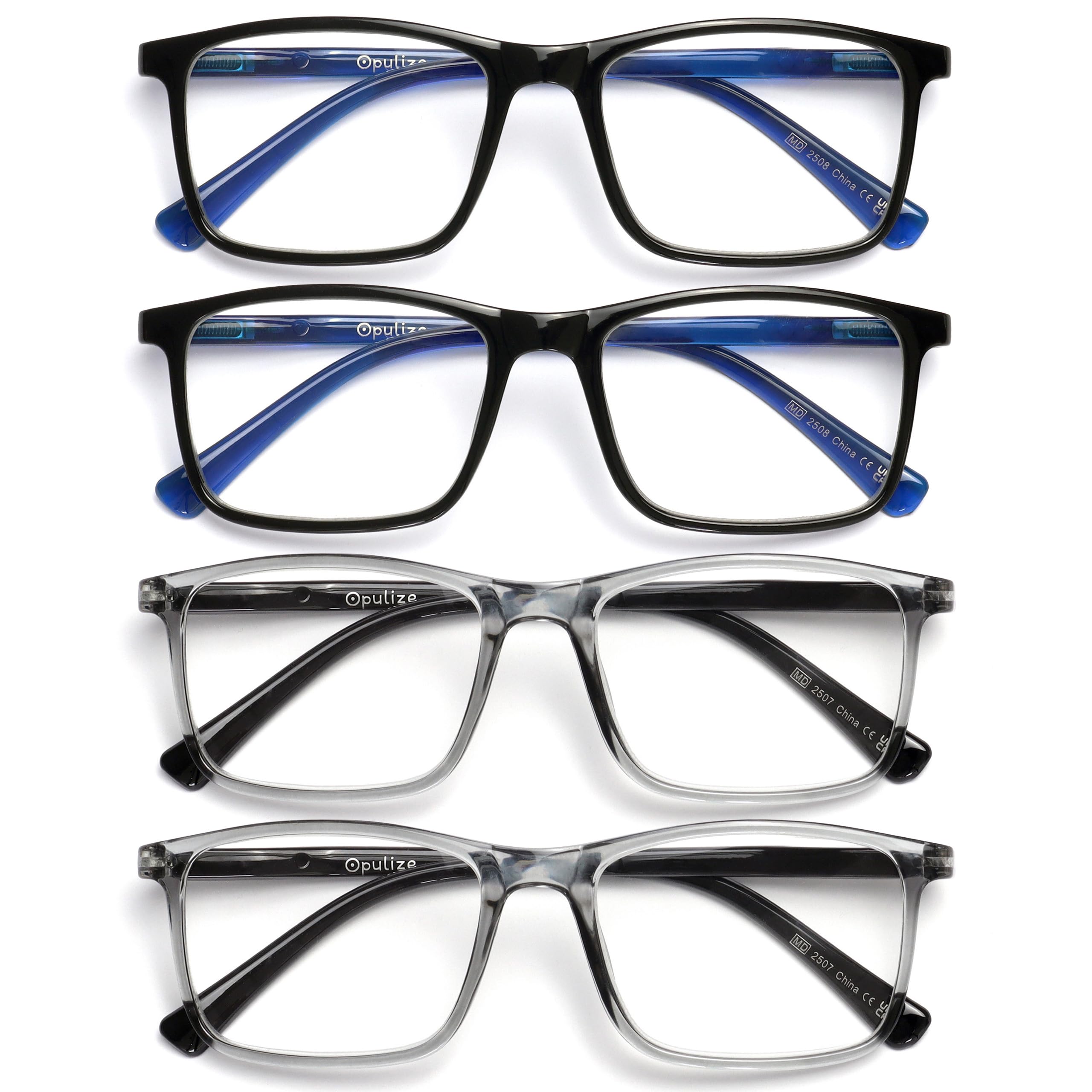 OPULIZE INK Reading Glasses - Value 4 Pack - Large Rectangular Frame - Spring Hinges - Scratch Resistant - Black Grey - Mens Womens +2.50