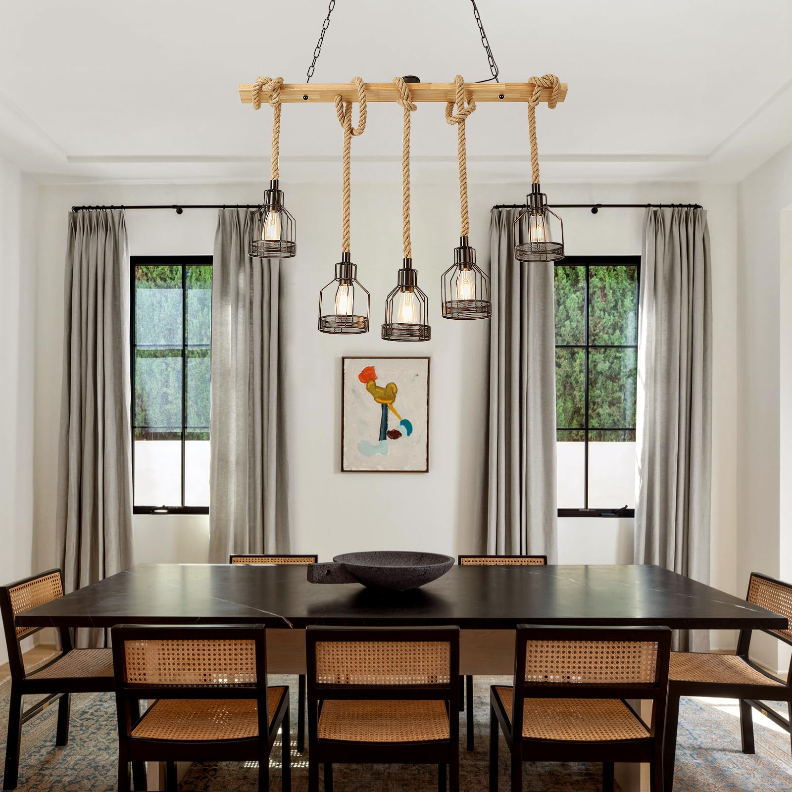 Lustre RéTro En Corde De Chanvre, Suspension En Bois, Suspension Industrielle E27, Plafonnier Cage MéTallique à 5 TêTes, Abat-Jour Marocain Pour Salle à Manger, Chambre, Restaurant, Cuisine
