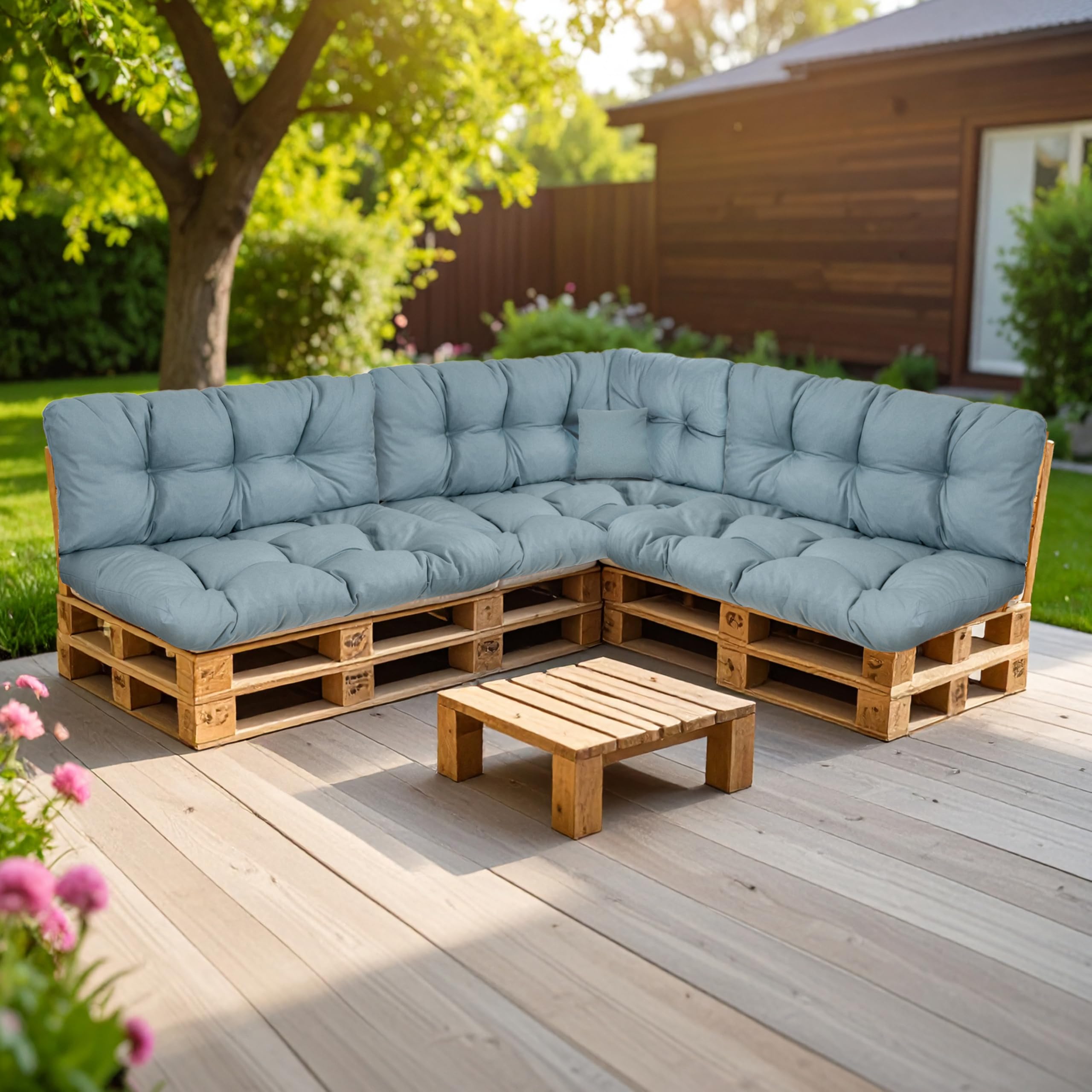 Pallet Cushion, Seat Cushion for Garden Sofa, Feather + Filling, UV-Resistant Cushion for Euro Pallets, (6 Cushion Set - 2 x Back Cushions 120 x 40 cm + 2 x Seat Cushions 120 x 80 cm + 60 x 40 cm & 40