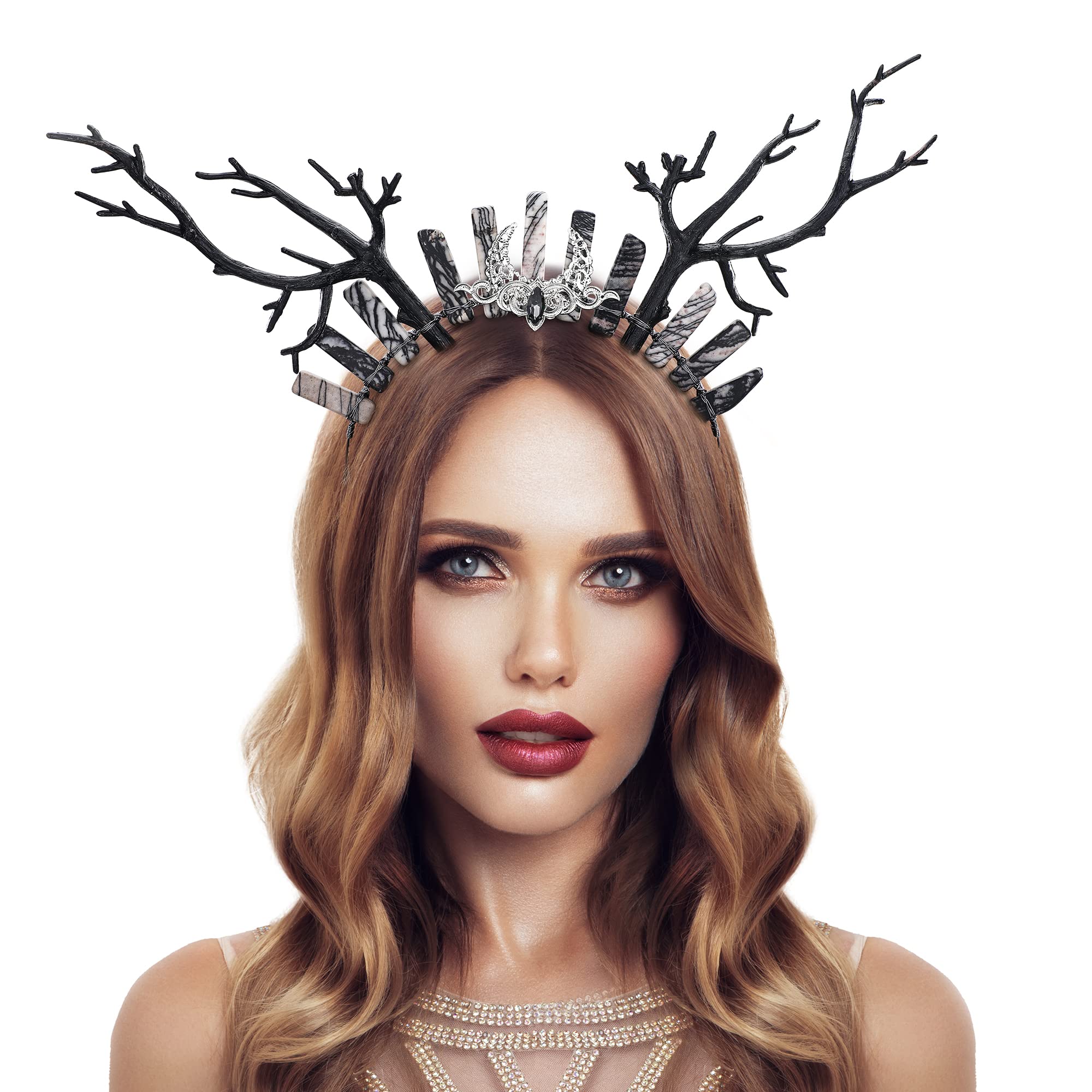 Crystal Woodland Fairy Crown Forest Goddess Headband Deer Horns Headwear Wedding Photoshoot Costume Boho Stone