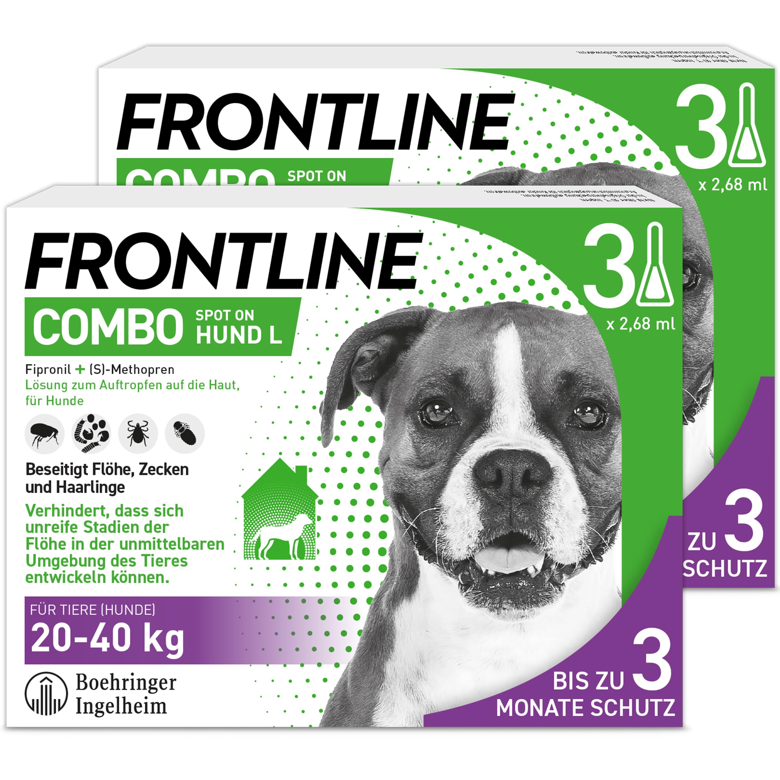FRONTLINE Combo Hund L gegen Zecken, Flöhe & Haarlinge (20 bis 40 kg) | 3x Pipetten (2er Pack) für bis zu 6 Monate Schutz - gegen Floheier, Larven & Puppen im Haushalt - wasserfest