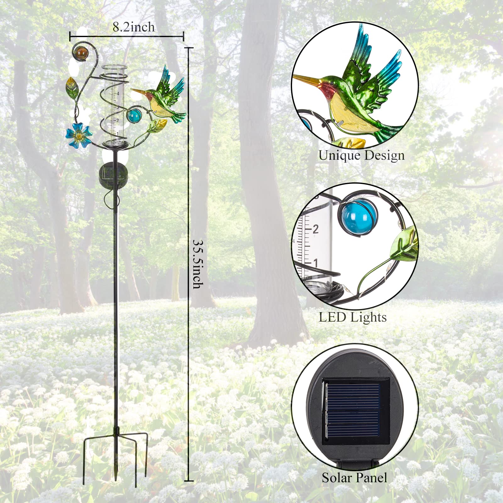 Stargarden Kolibri-regenmesser, Solar-LED-Lichter, Regenmesser, Dekorativ, Wasserdicht, Für Hof, Garten, Terrasse, Rasen