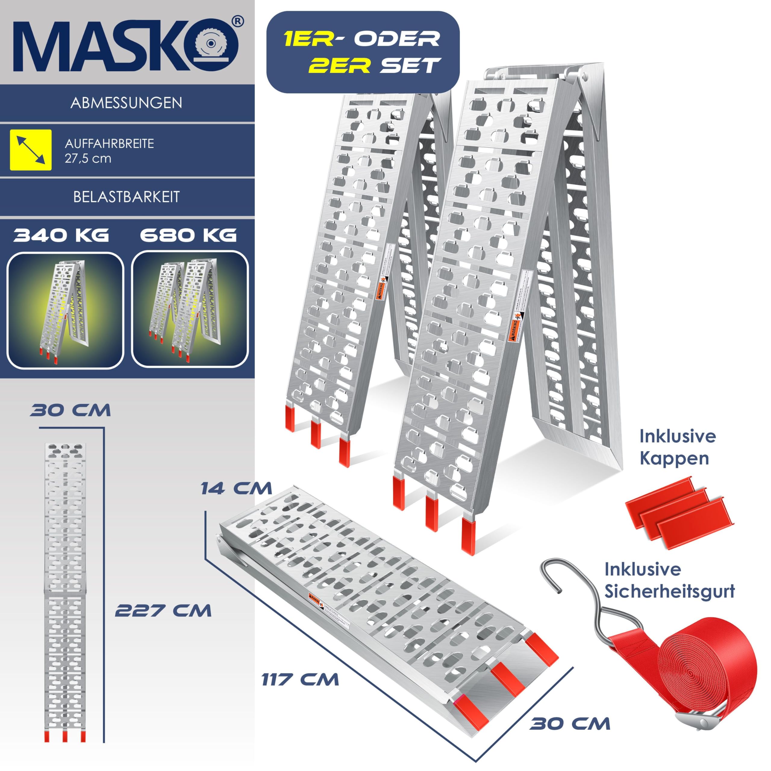 MASKO® Auffahrrampe 340kg Faltbare ALU Verladerampe Max 680kg* Pro Paar Verladeschiene Antirutsch Klappbar max. 340kg* pro Stück Motorrad ATV Quad PKW Auto Laderampe,1x Auffahrrampe Silber