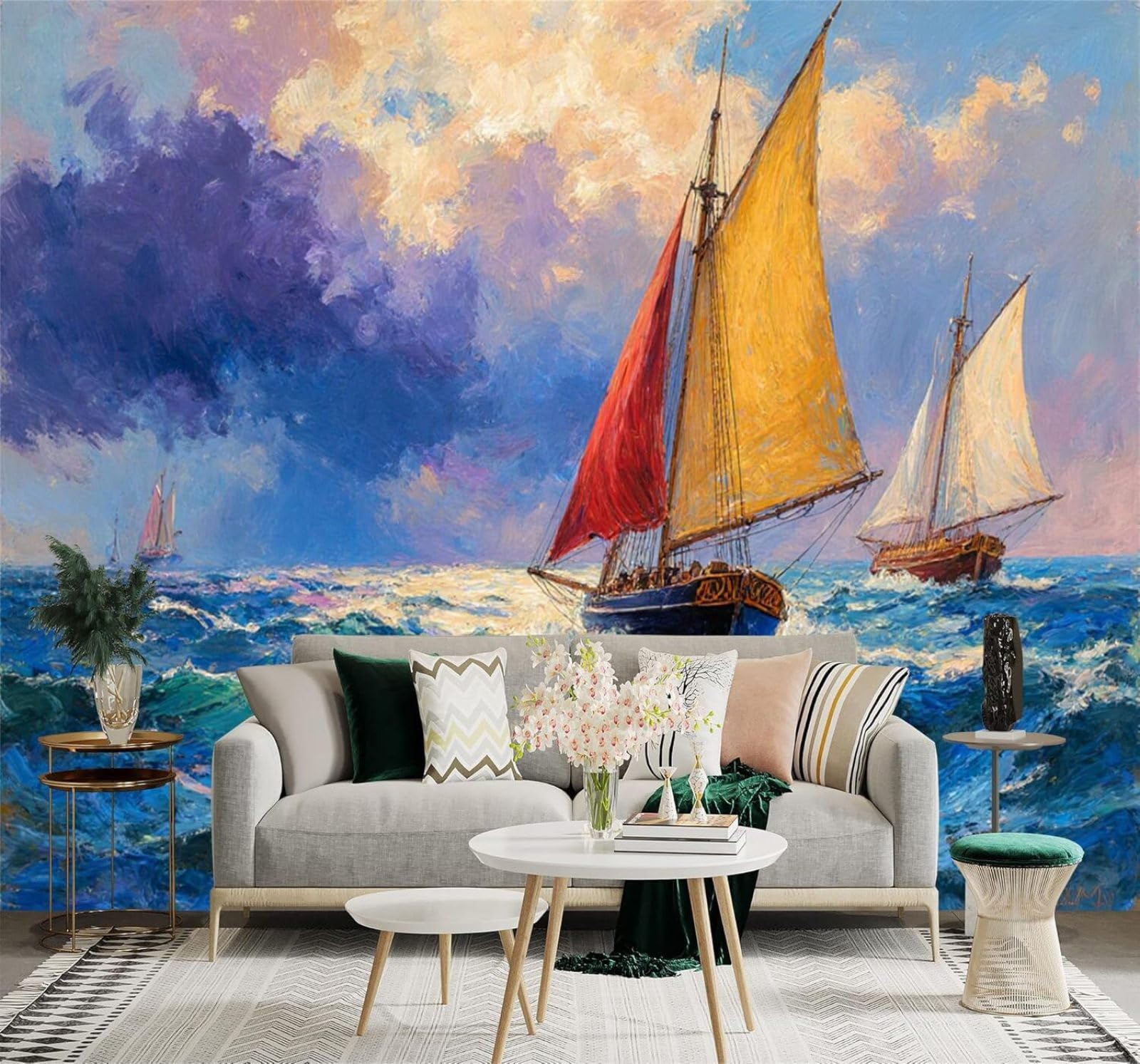 XLMING Hand Drawn Colourful Sailing Boat Ocean Waves Sky Art 3D Wallpaper Silky Texture Home Study Office Grey Dining Room Sofa Bedroom Living Room TV Backdrop-300cm×210cm