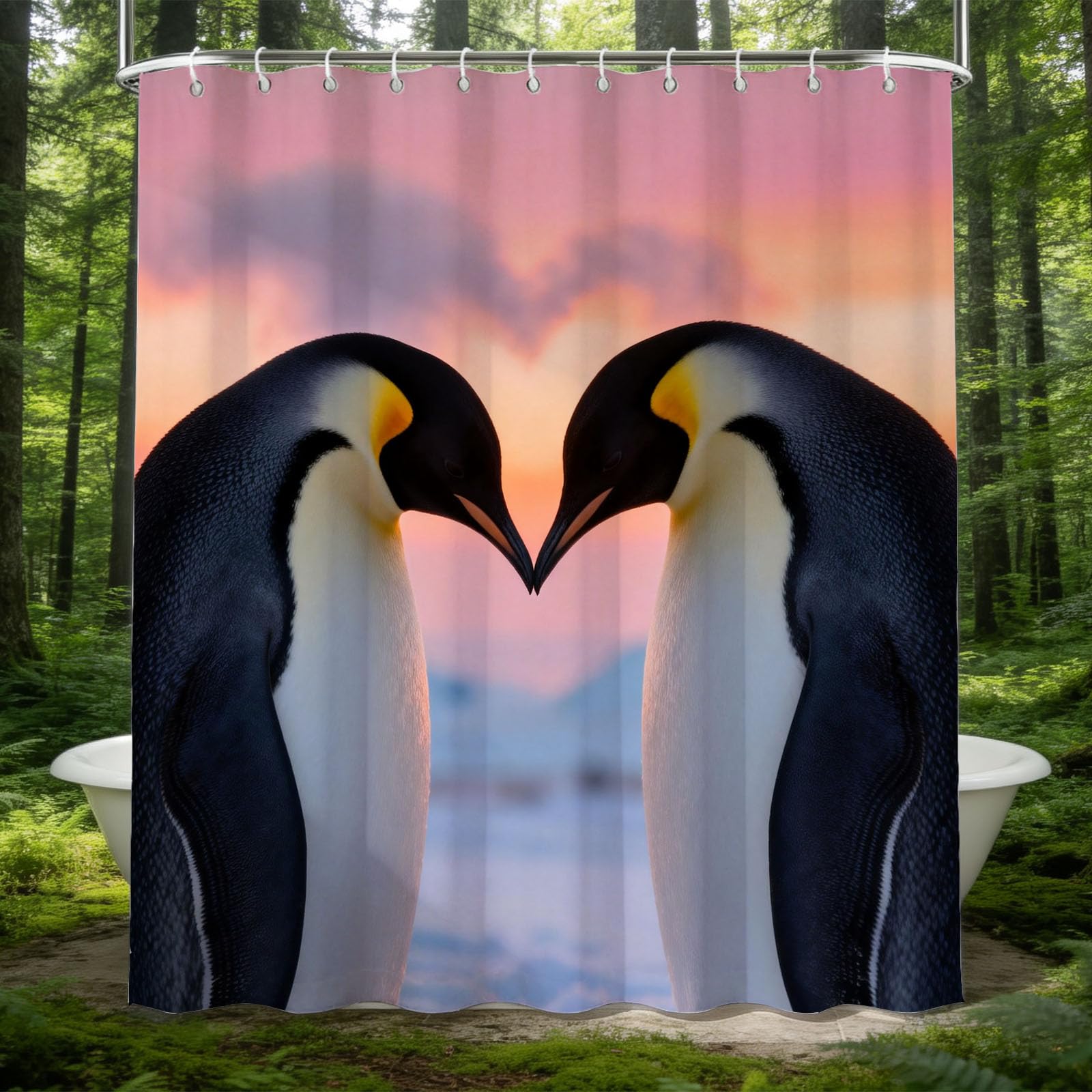 Hongduo White 3D Penguin Couple Shower Curtain For Stalls Bathtubs Sunset Bathroom Decor Shower Curtain Set Polyester Fabric Waterproof 180X200cm/71X79 Inch With Hooks