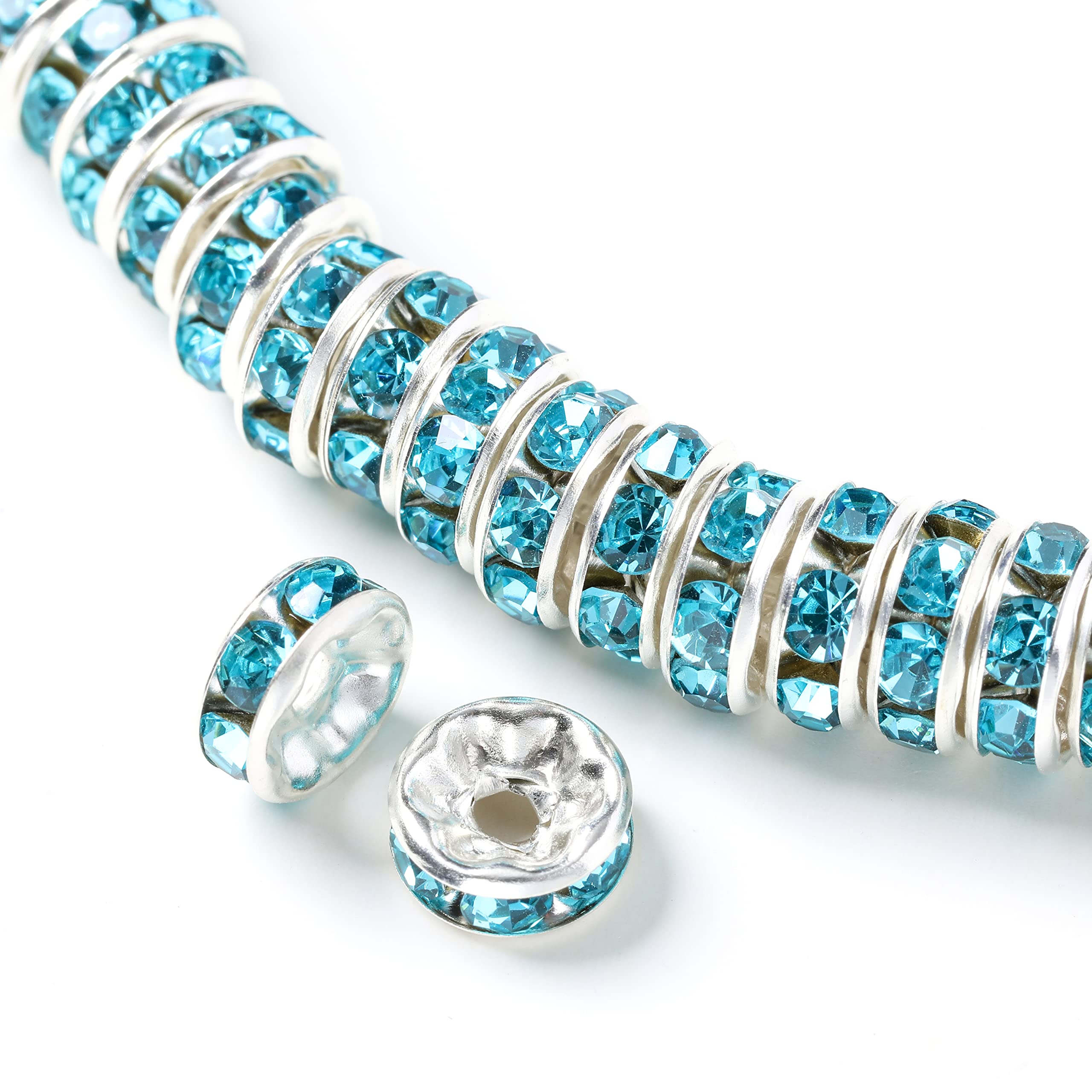 TOOPNK 120Pcs Round Rondelle Spacer Beads Crystal Rhinestone Loose Bead Rondelle Charm Beads 8 mm for Necklaces Bracelets Jewelry Making,Sky Blue