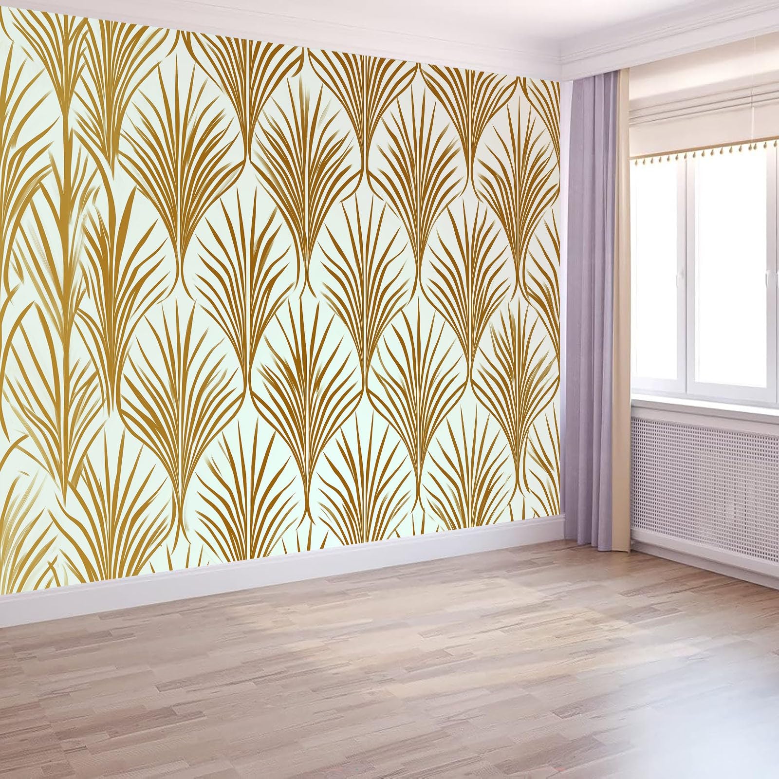 Panoramiczna tapeta ścienna 300 x 210 cm tapeta z włókniny, niestandardowy rozmiar, dekoracja geometryczna złote liście i linie 3D tapeta złota do salonu sypialni dekoracja