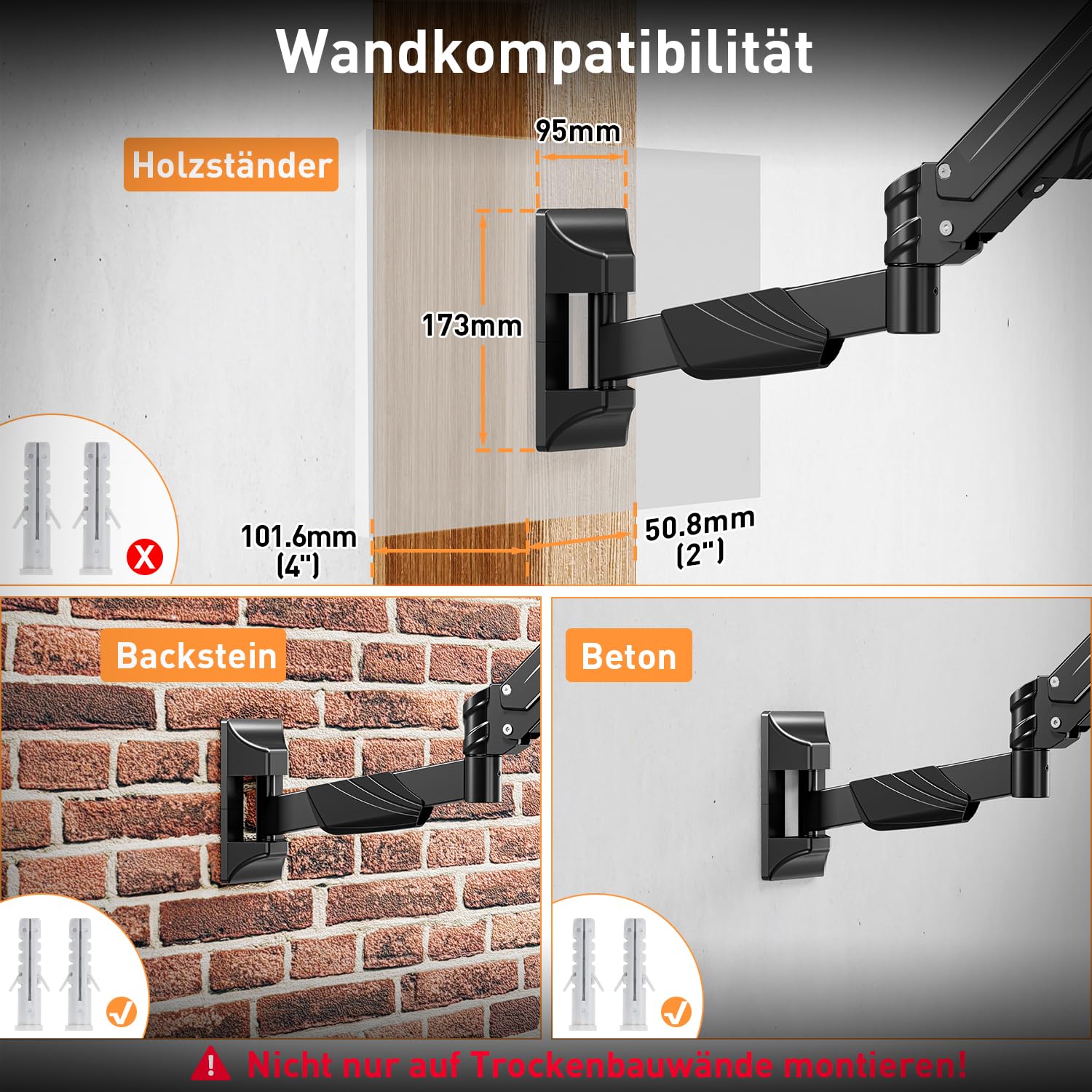 ELIVED Supporto da parete per monitor max. 43 pollici, ultra wide fino a 15 kg, VESA 75/100/200 mm, montaggio a parete resistente, regolabile in altezza, braccio EV3421B