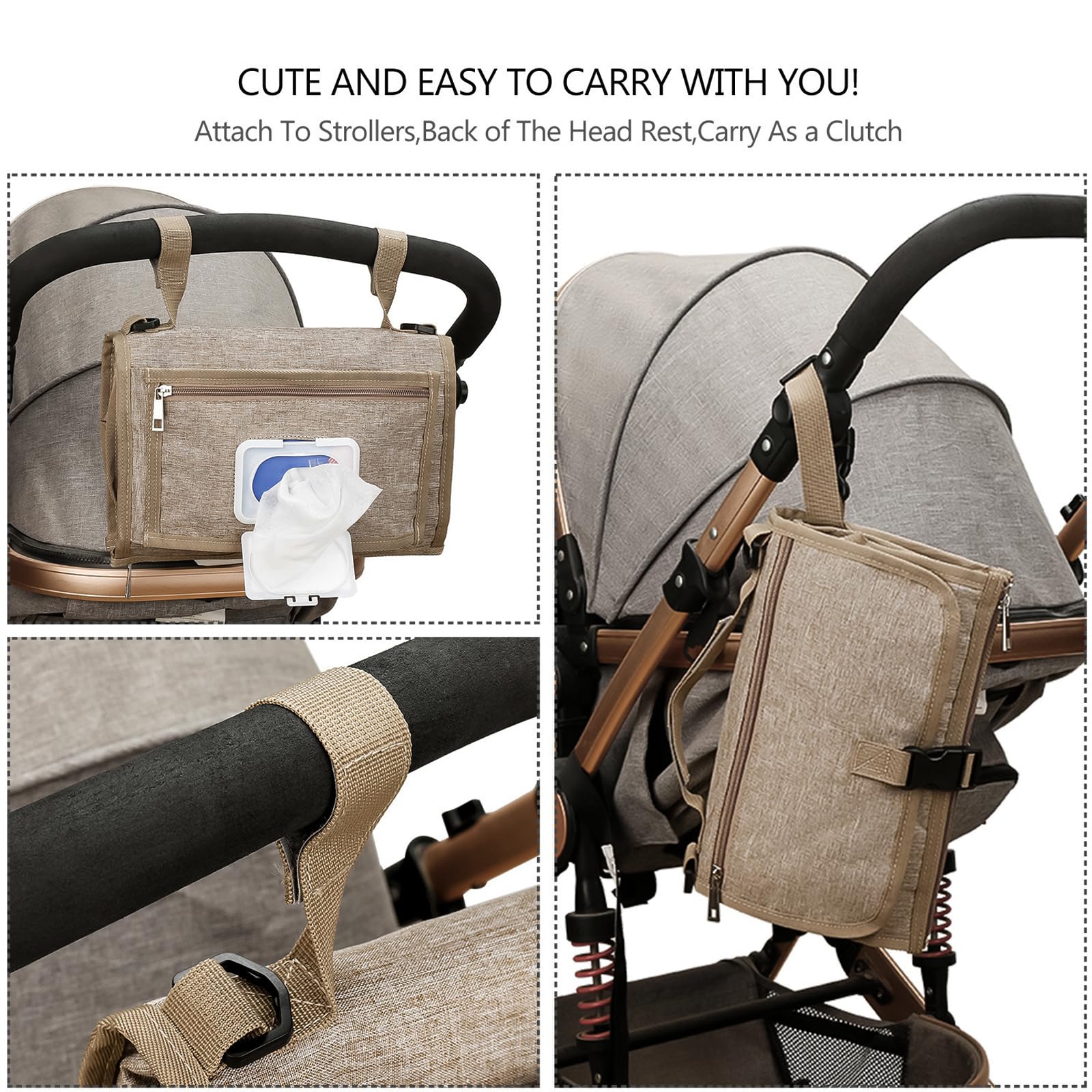Bebamour Fasciatoio portatile con salviettine tascabili da viaggio con cuscino per la testa per neonati impermeabile pannolini fasciatoio essenziali per neonati,Khaki