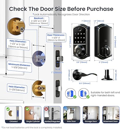 Miniatura 9 de Veise VE017-L - Cerradura inteligente de huellas dactilares con manijas de palanca, control de aplicación, juego de cerradura de puerta delantera