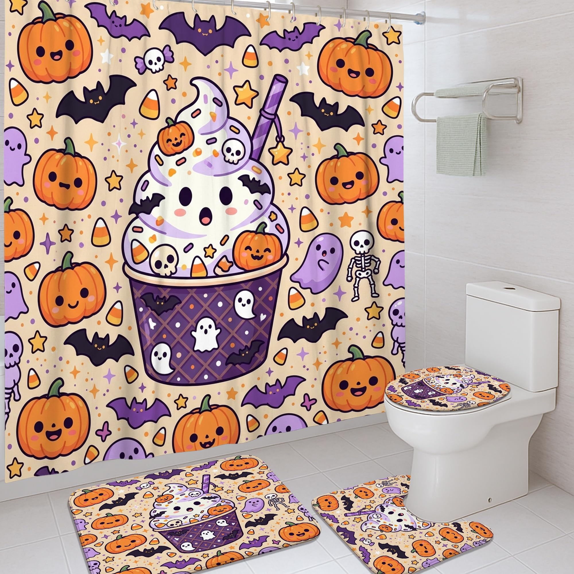 Rideau de douche Halloween citrouilles en tissu pour célébrer l'automne