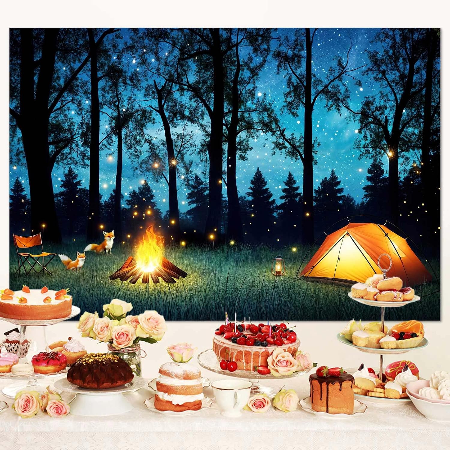 10x8ft Camping Forest Scene Photography Backdrop Adventure Camper RV Kids Photography Backdrop Farmhouse Travel Trailers Party Decor Photo Backdrops Cabin Campfire Photo Booth Props Background