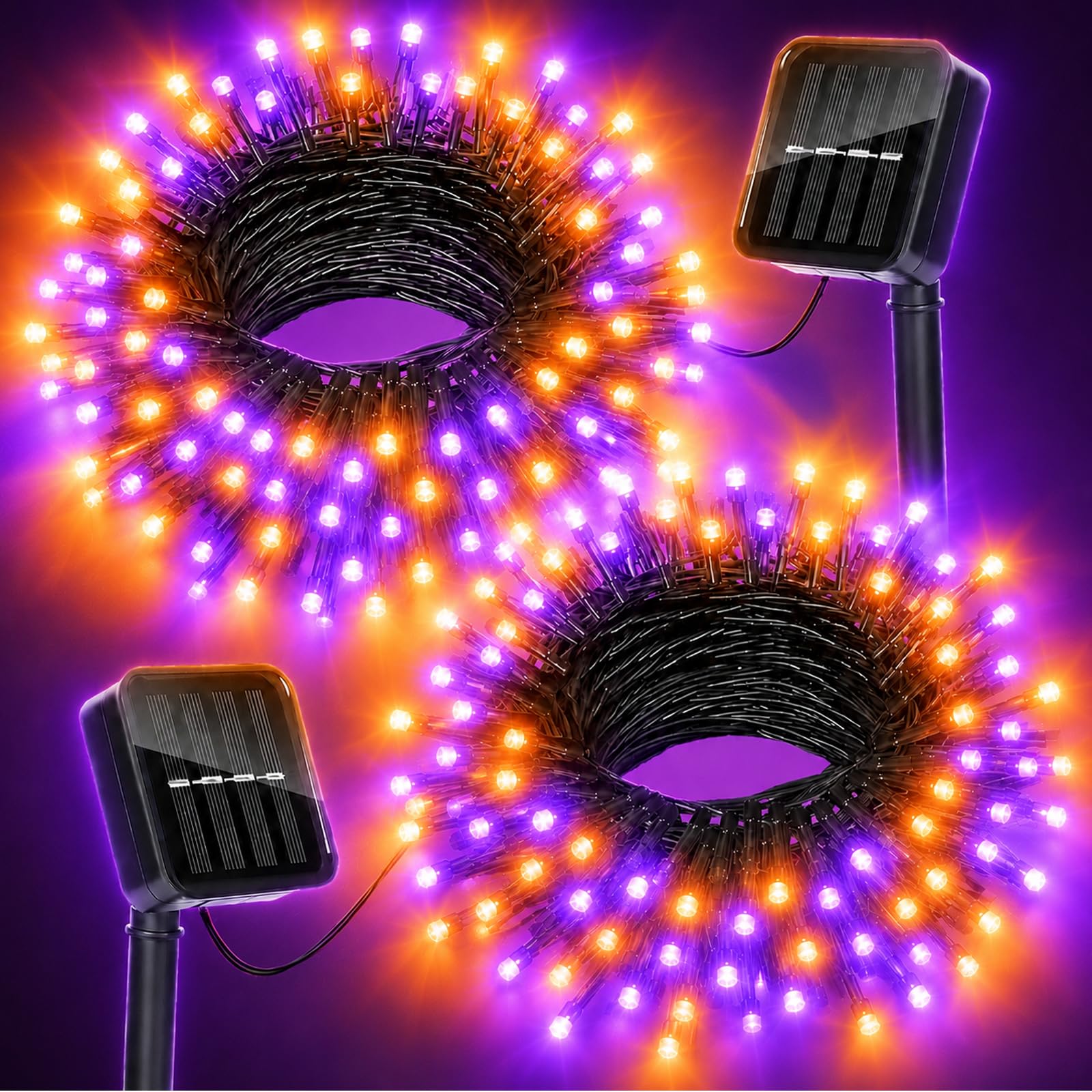 Moettany Solar Halloween Lights Outdoor Solar String Lights Waterproof for Halloween Decorations, Total 100LED 45FT for Garden Yard Pathway Fence, Orange Purple 8 Modes 50LED x 2 Pack