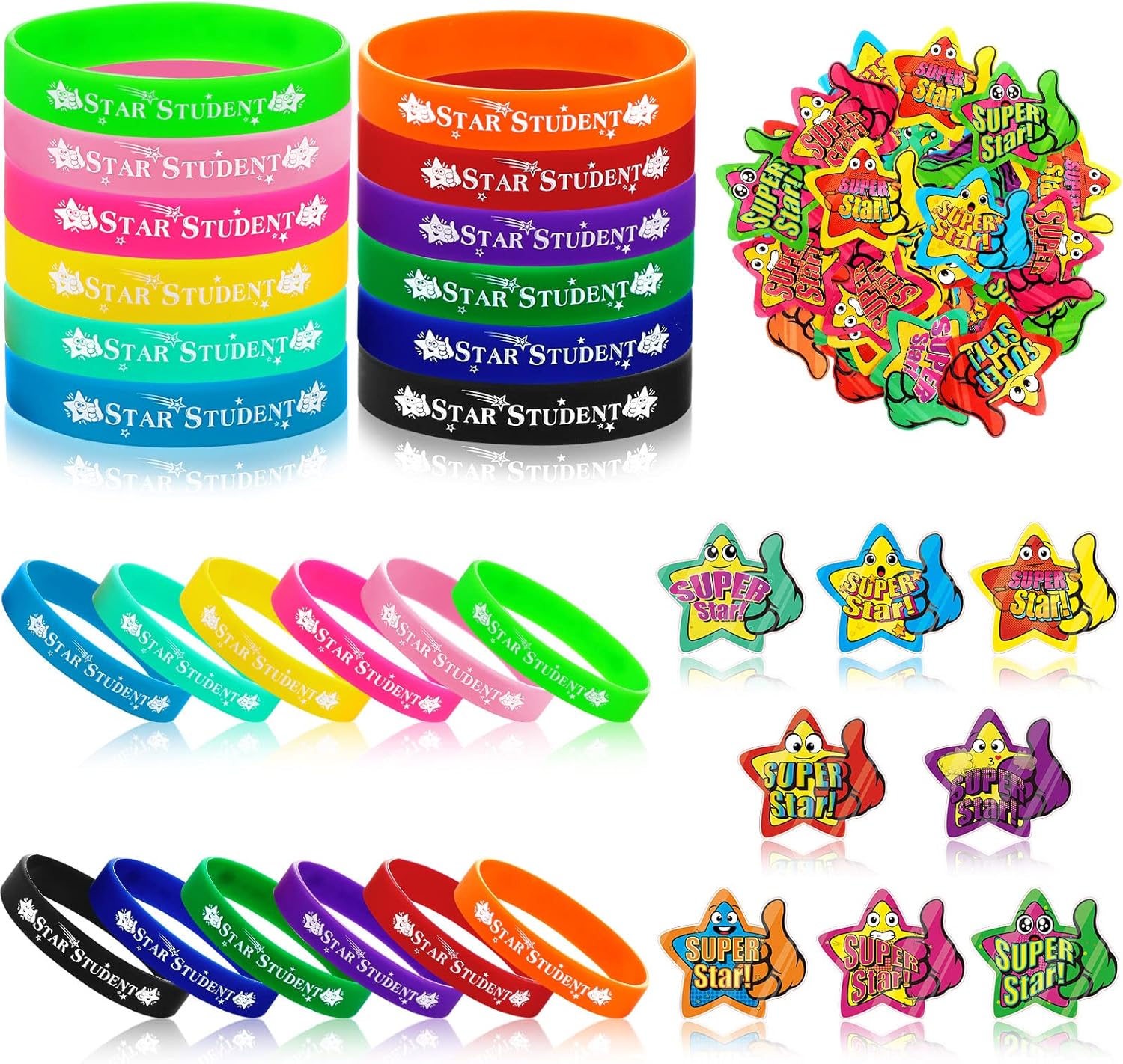 128 Pcs Star Student Wristbands Super Star Adhesive Award Badges Set Color Beautiful Star Wristbands Silicone Bracelets Student Awards Stickers Classroom Teacher Supplies Recognition Award for Kids : Office Products