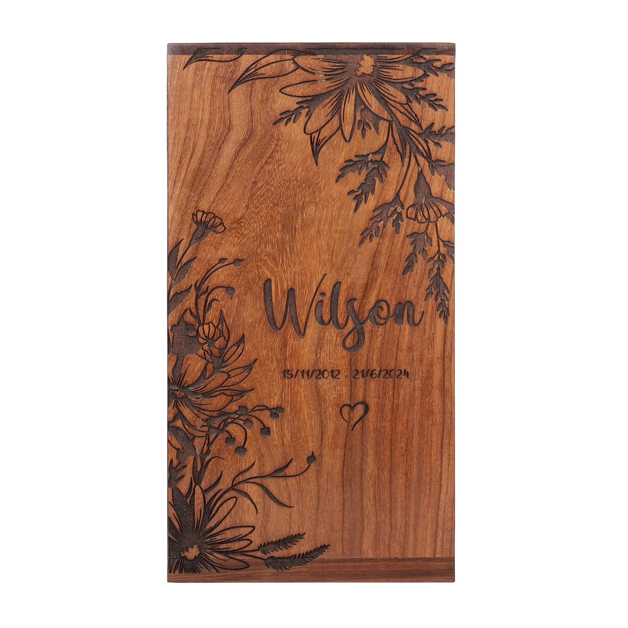 Personalized Handcrafted Floral Wooden Cremation Urn for Human or Pet Ashes, Tree of Life Wood Memorial Funeral Burial Urn Box for Adults, Male or Female Custom Sizes XS to XL (12–250 lbs Capacity)