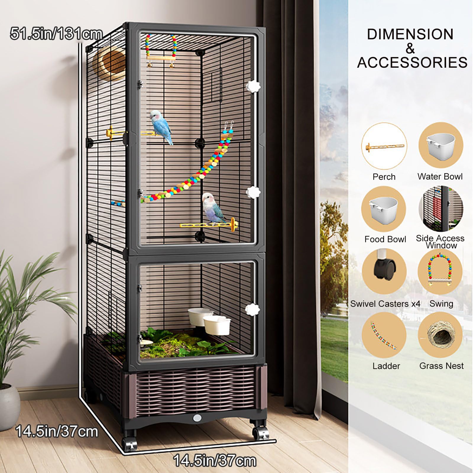Jaula para Pájaros con Ruedas y Puerta Transparente de Acrílico, Voladera de Interior Moderna para Periquitos, Ninfas y Pájaros Pequeños, Jaula Decorativa con Ruedas L