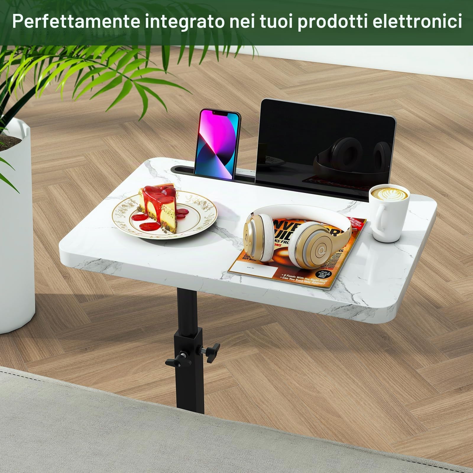 IBUYKE Tavolino a forma di C, girevole a 360°, regolabile in altezza, per stanze strette, con slot per telefono e tablet, per soggiorno, camera da letto, effetto marmo bianco TVT003BW