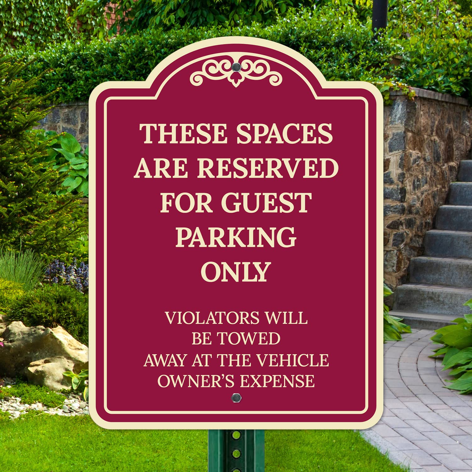 These Spaces are Reserved for Guest Parking Only Violators Will Be Towed Away Décor Sign, Burgundy Dark, 18x24 Inches, ACM, Fade Resistant, Made in USA