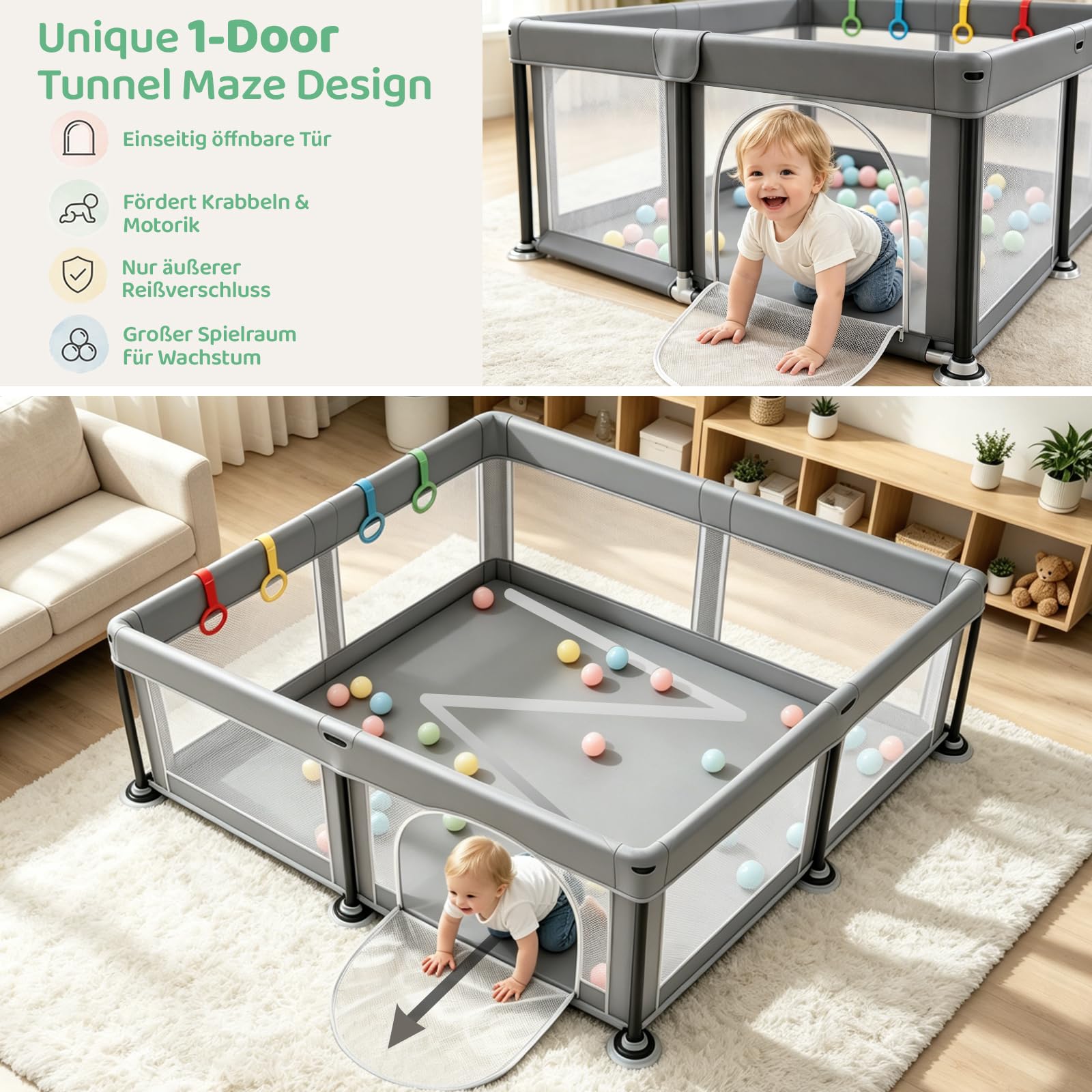 Laufstall Baby Faltbar Laufgitter Playpen, 125*125cm Faltbarer Kinder Play Pen Gitter mit Reißverschlusstür & Starker Saugnapf | Drinnen & Draußen Tragbares Babyzaunn | Quick 60s Pop up (Dunkelgrau）