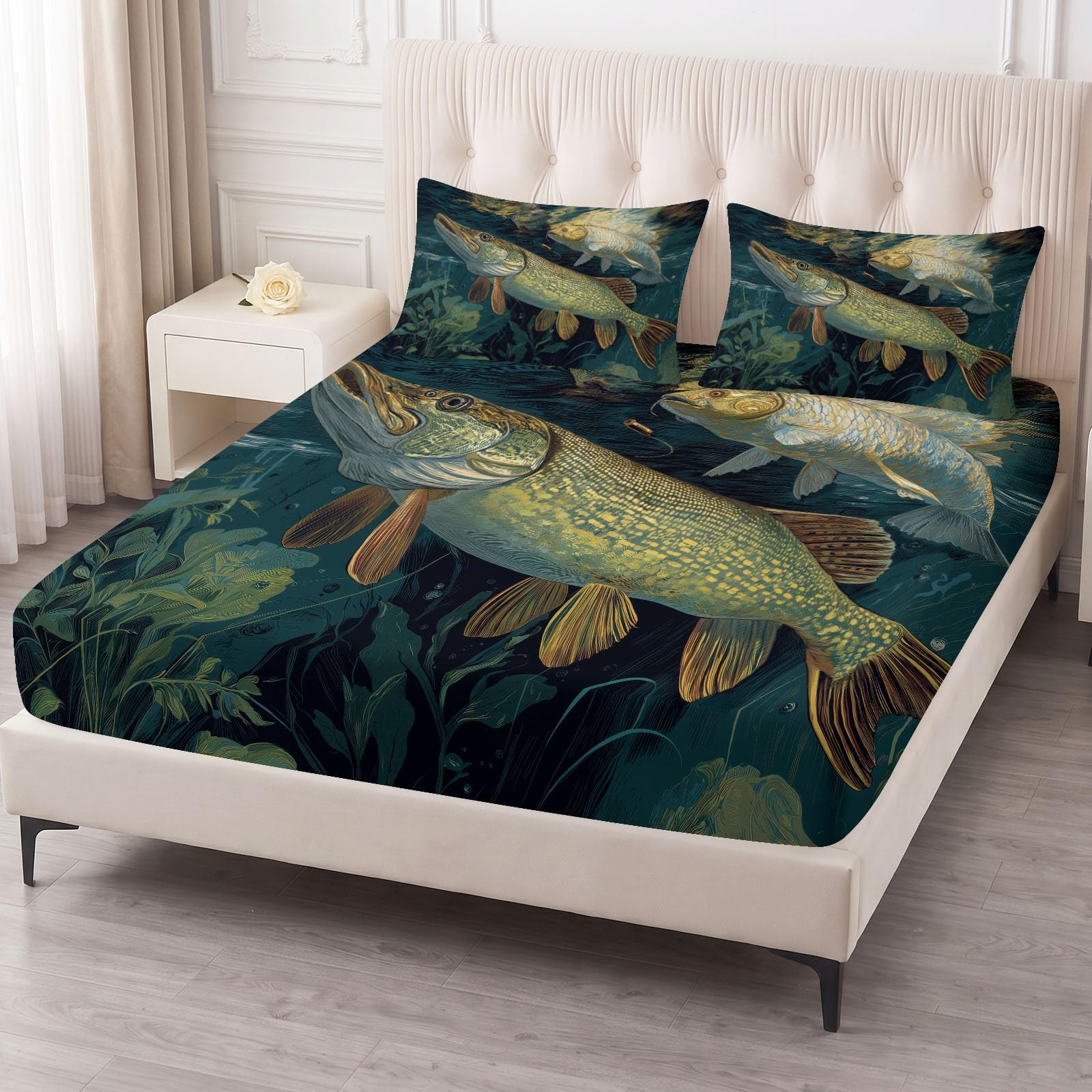 Juego de sábanas bajeras ajustables de 3 piezas, 160 x 200 cm, diseño de animales, barracuda, de microfibra, suave, agradable a la piel, transpirable, hipoalergénica, para colchones de hasta 30 cm de