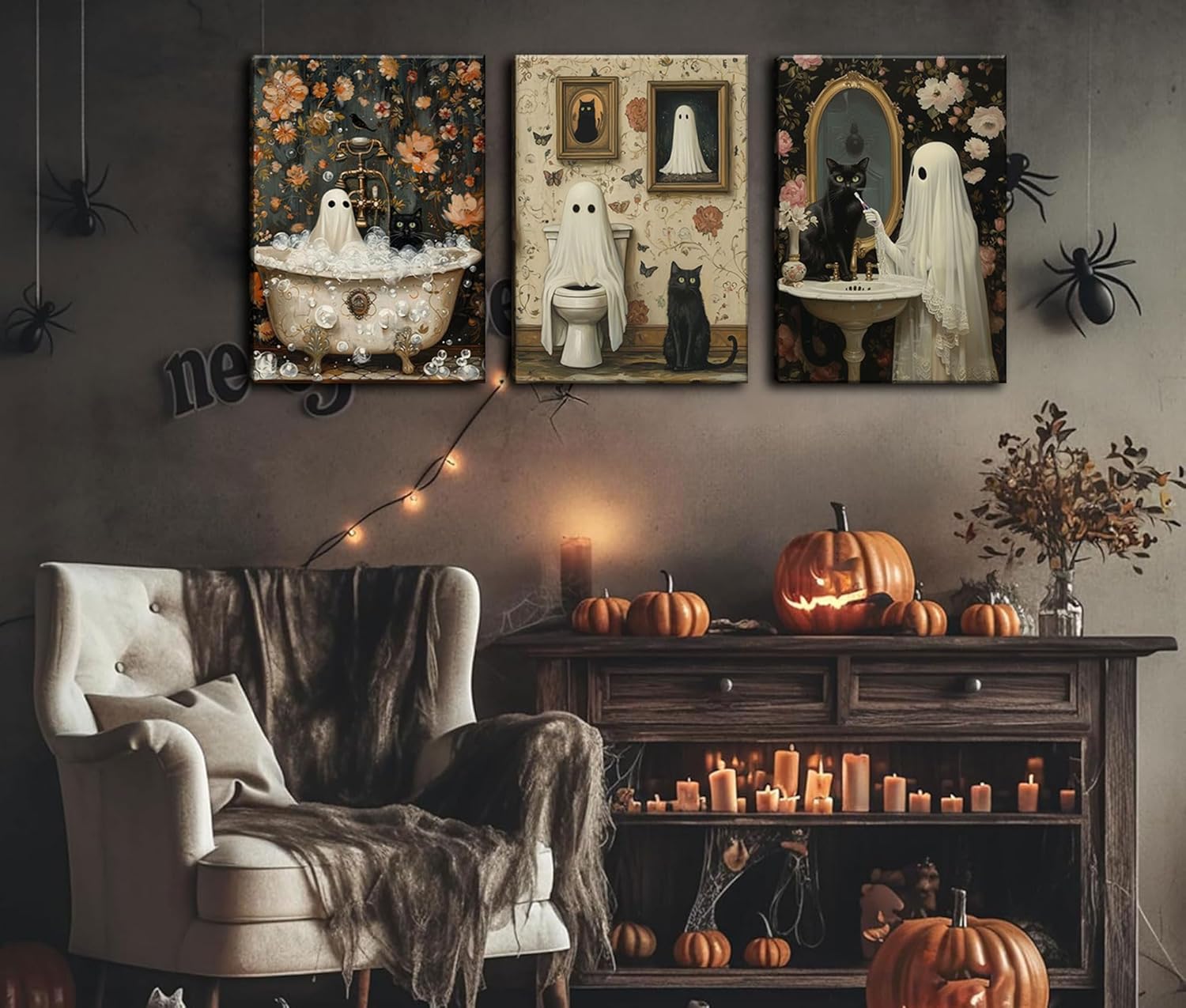 3Pcs Halloween Ghosts Canvas Wall Art Horror Ghost and Black Cat in Bathroom Wall Decor Pictures Retro Horror Creepy Dark Academia Canvas Prints for Bathroom Gallery Street Bar Home Decoration Framed