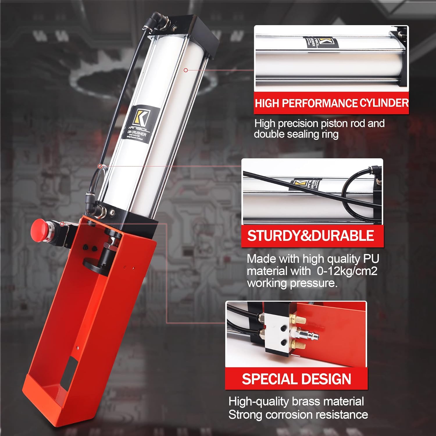 Red Hand Valve Aluminum Can Crusher, Heavy Duty Pneumatic Cylinder Soda Beer Can Crusher for Recycling and Crushing 12 oz and 16 oz Cans