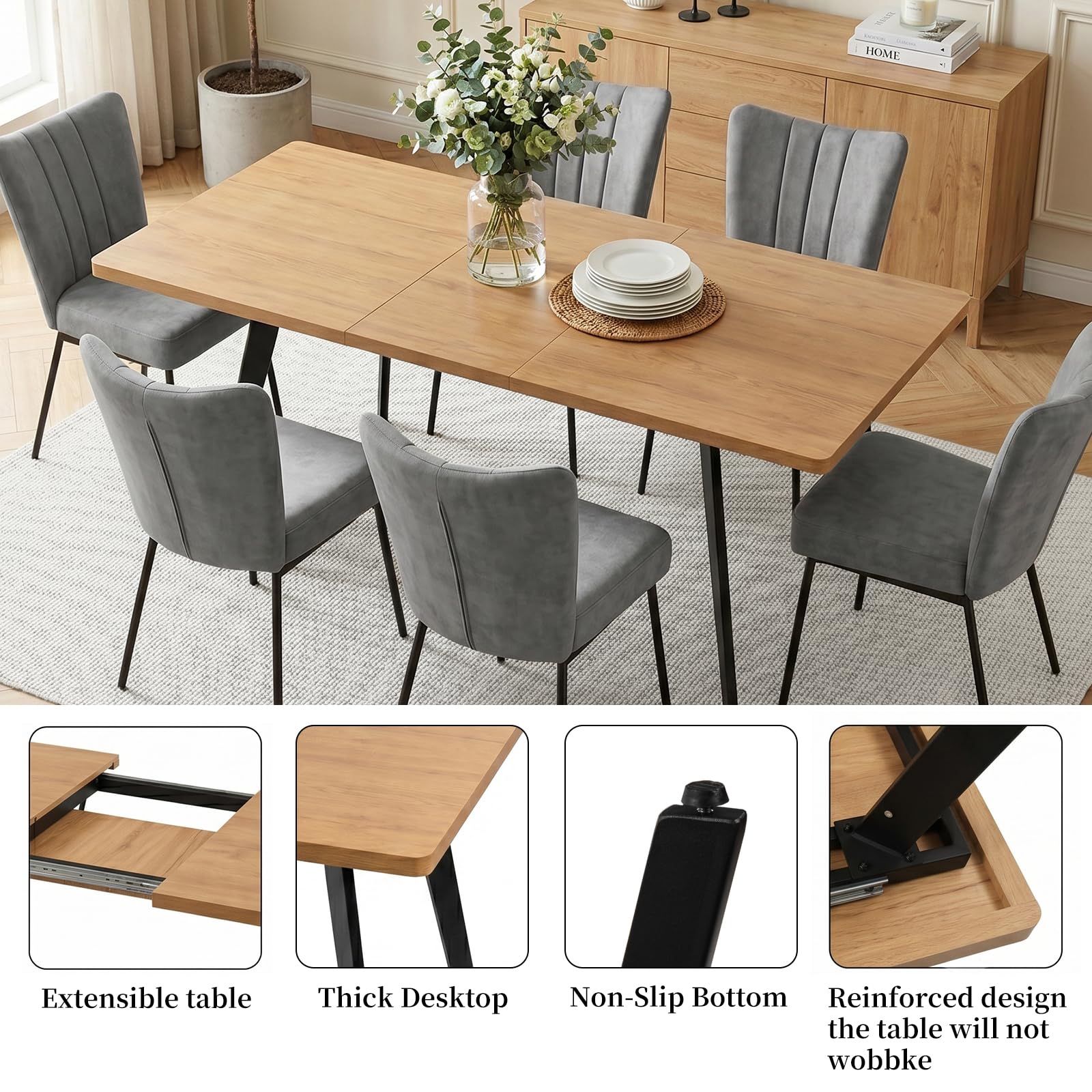 JIEXI Ausziehbares Esstischset mit 6 Stühlen, platzsparender Tisch aus MDF-Holz und stabilem Metallgestell, perfekt für Esszimmer, Küchen und Wohnungen – Tisch aus Eiche + Stühle aus grauem Samt