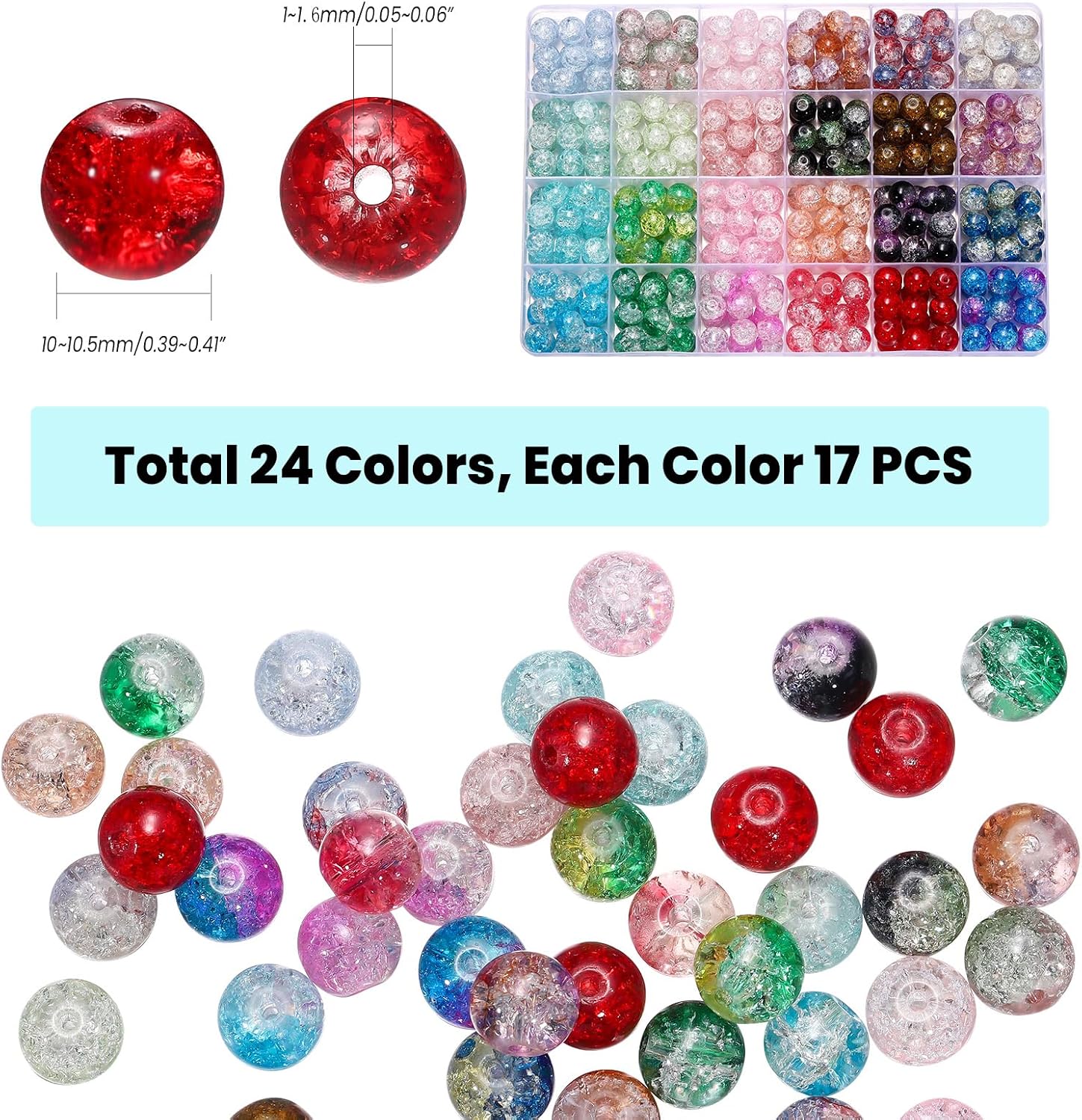 408 Pcs 10mm Crackle Glass Beads for Jewelry Making Crafts DIY, 24 Colors Crystal Beads Spacer Beads Loose Beads for DIY Bracelet Necklace Earrings (408Pcs 10mm Crackle Glass Beads)