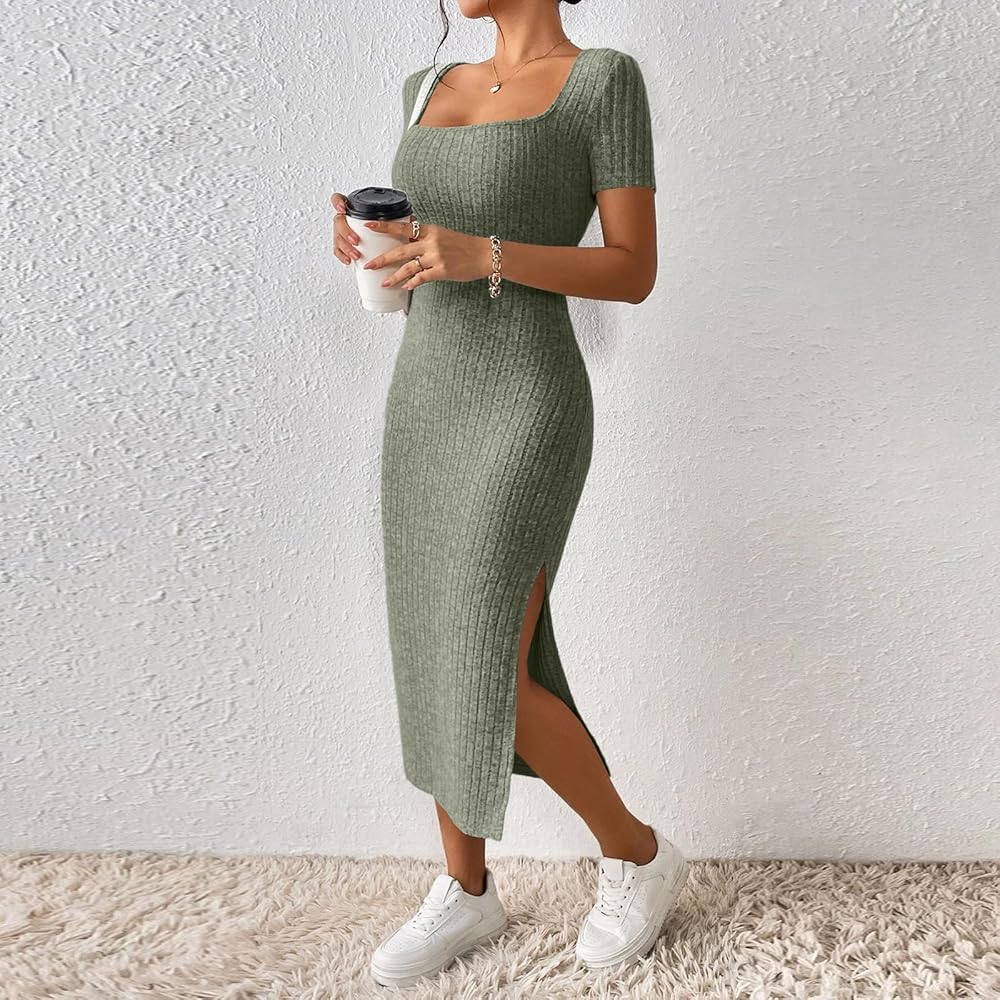 FlekmanArt Casual Dresses for Women 2026 Summer Ribbed Short Sleeve Bodycon Maxi Dress Side Slit Knit Square Neck Sundress（Army Green,X-Small） at Amazon Women's Clothing store