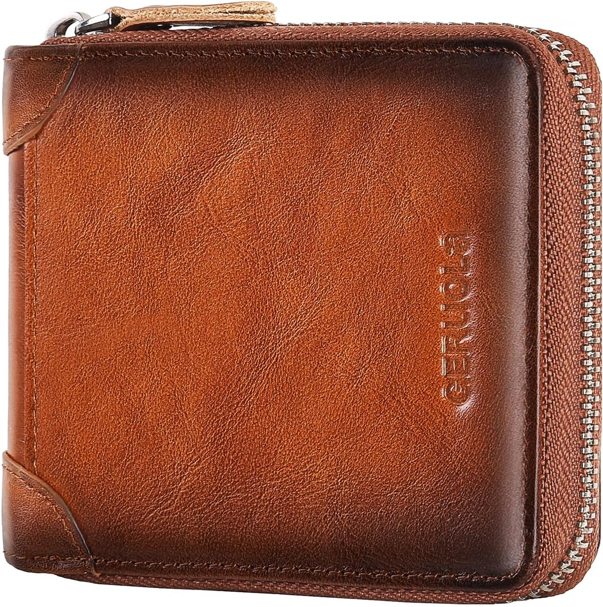 Men's Shielded Wallet Zipper Leather Wallet Men's Bifold RFID Card Case Wallets for Men (Brown) - Image 8