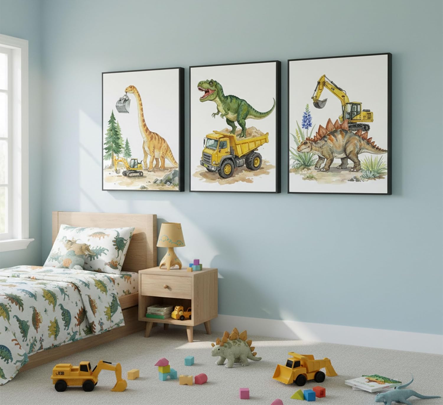 3Pcs Nursery Cute Dinosaur Canvas Wall Art Construction Trucks and T-Rex Painting Picture Kids Boys Room Wall Decor Funny Dino Vehicles Poster Prints Artwork for Playroom Toddler Room Bedroom Unframed