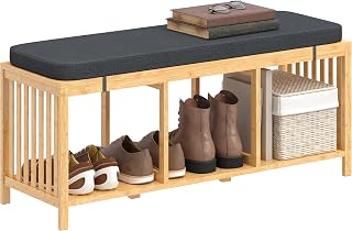 HOMCOM Shoe bench with seat, shoe rack with storage space, bamboo seat bench with open shelf, linen look for hallway and entrance, 102 x 13 x 45 cm, natural wood