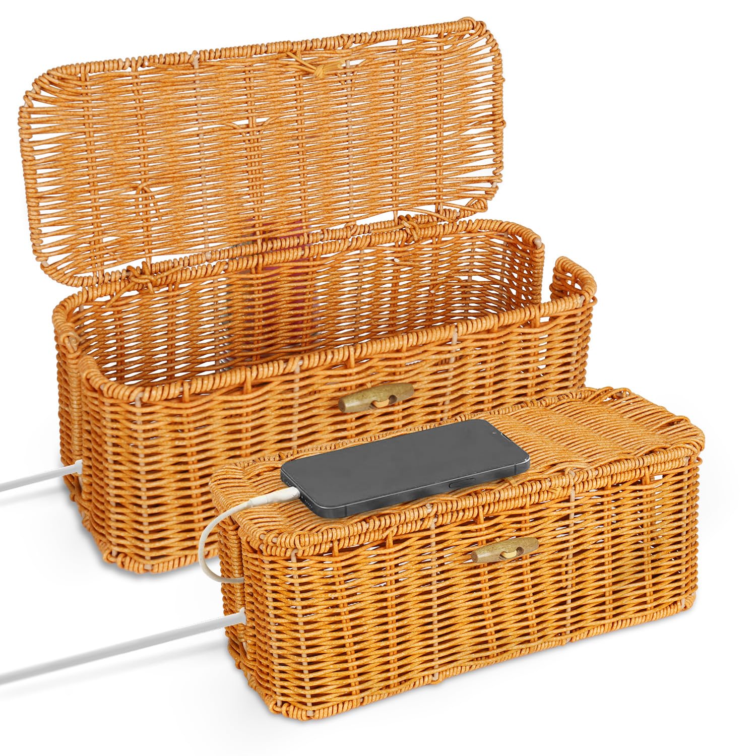 2 cajas de gestión de cables de ratán tejidas a mano, caja organizadora de cables con tapa, cesta oculta de cables de ranura abierta, caja de almacenamiento decorativa para ocultar computadoras