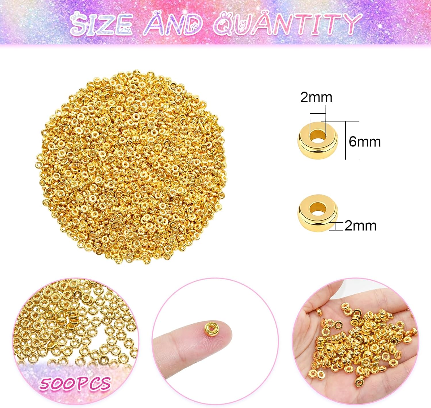 Amaney 500pcs 6mm Gold Flat Round Spacer Beads Disc Loose Jewelry Making Beads for DIY Bracelet Necklace Earring Craft Supplies