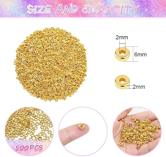 Amaney 500pcs 6mm Gold Flat Round Spacer Beads Disc Loose Jewelry Making Beads for DIY Bracelet Necklace Earring Craft Supplies
