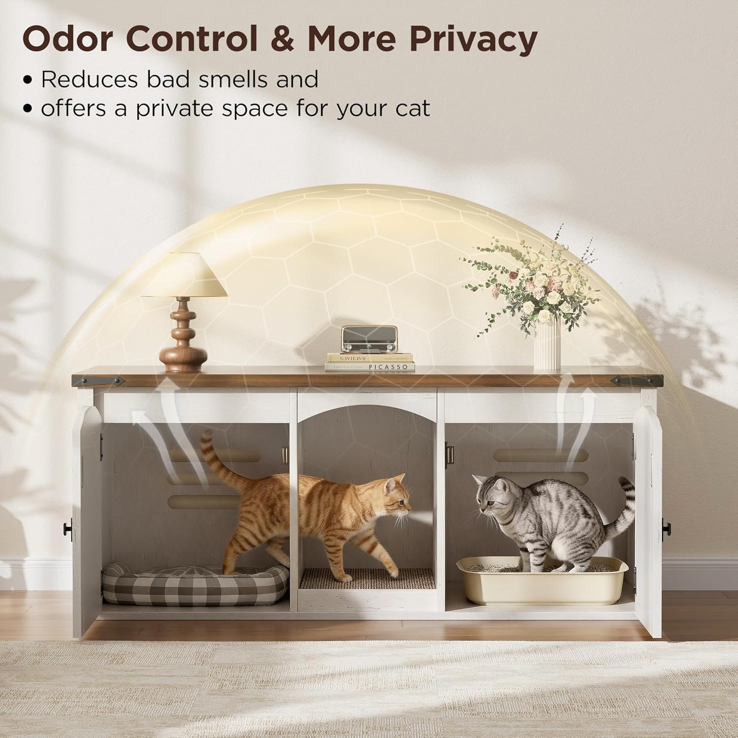 Vabches Cat Litter Box Enclosure for 2 Cats, Hidden Litter Box Furniture with Scratch Pad & Magnetic Doors, Farmhouse Wood Cat Litter Box Cabinet, Side Table, White and Walnut