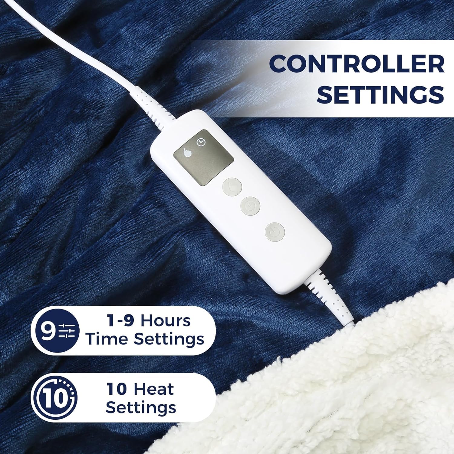 PROALLER Coperta Riscaldante Elettrica, Coperta Termica 160x130 CM Pile Sherpa in Doppia Flanella, Lavabile in Lavatrice, Timer 9 Ore e 10 Impostazioni Di Calore Blu