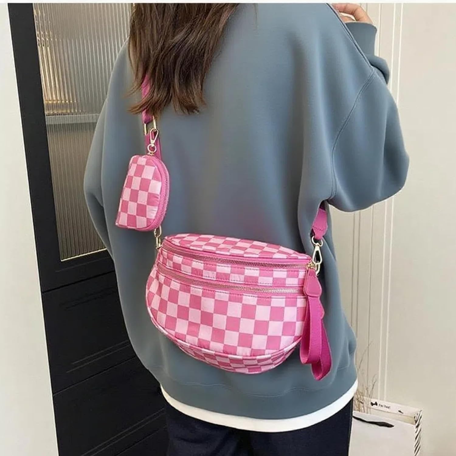 Checkered Crossbody Bum Bags for Women, Nylon Sling Bags with Shoulder Strap, Large Capacity Checkered Purse Bag - Image 3