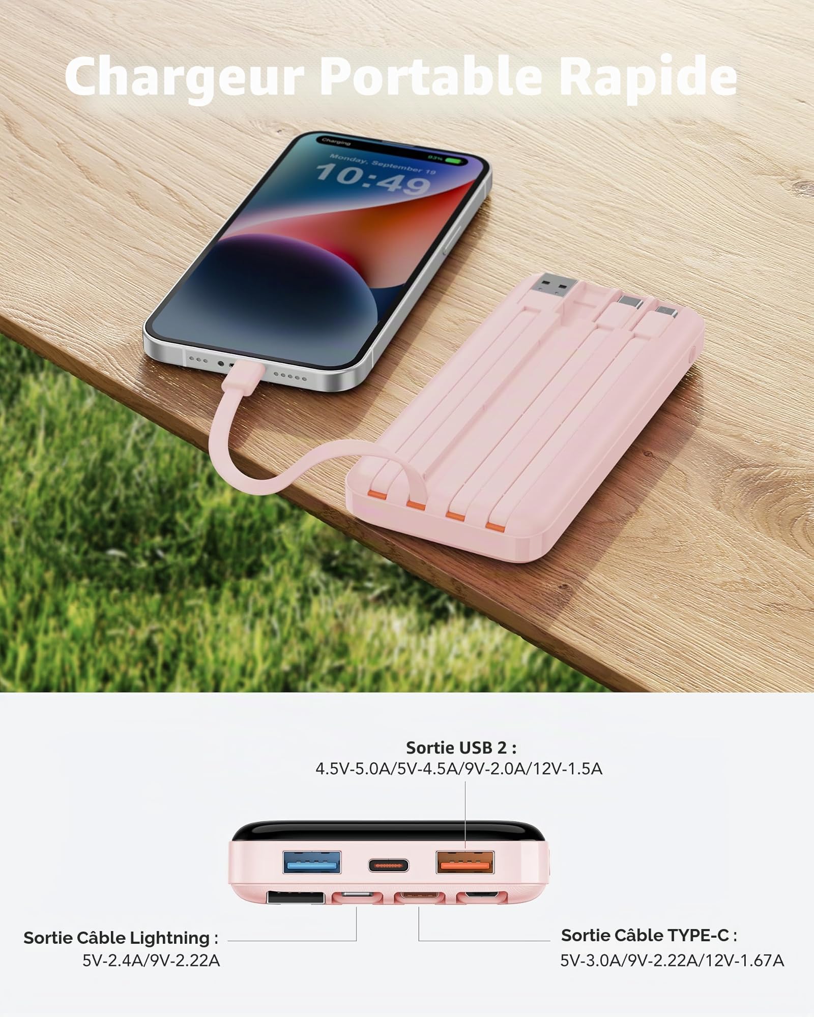Charmast Batterie Externe 20000mAh, 20W Power Bank Charge Rapide avec câbles intégrés, 5 Sorties et 4 Entrées Batterie Portable pour iPhone 14 13 12 11 Samsung S21 S22 (Rose)
